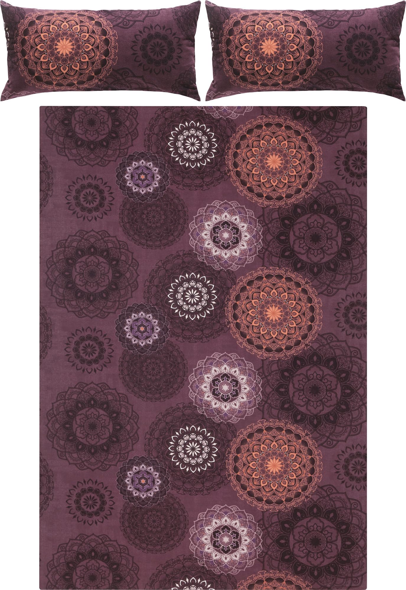Erwin Müller Bettwäsche, Bettgarnitur Flanell - Mandala - mollig warm, temperaturregulierend, mit praktischem Reißverschluss - aubergine Größe 40x80 cm / 240x220 cm