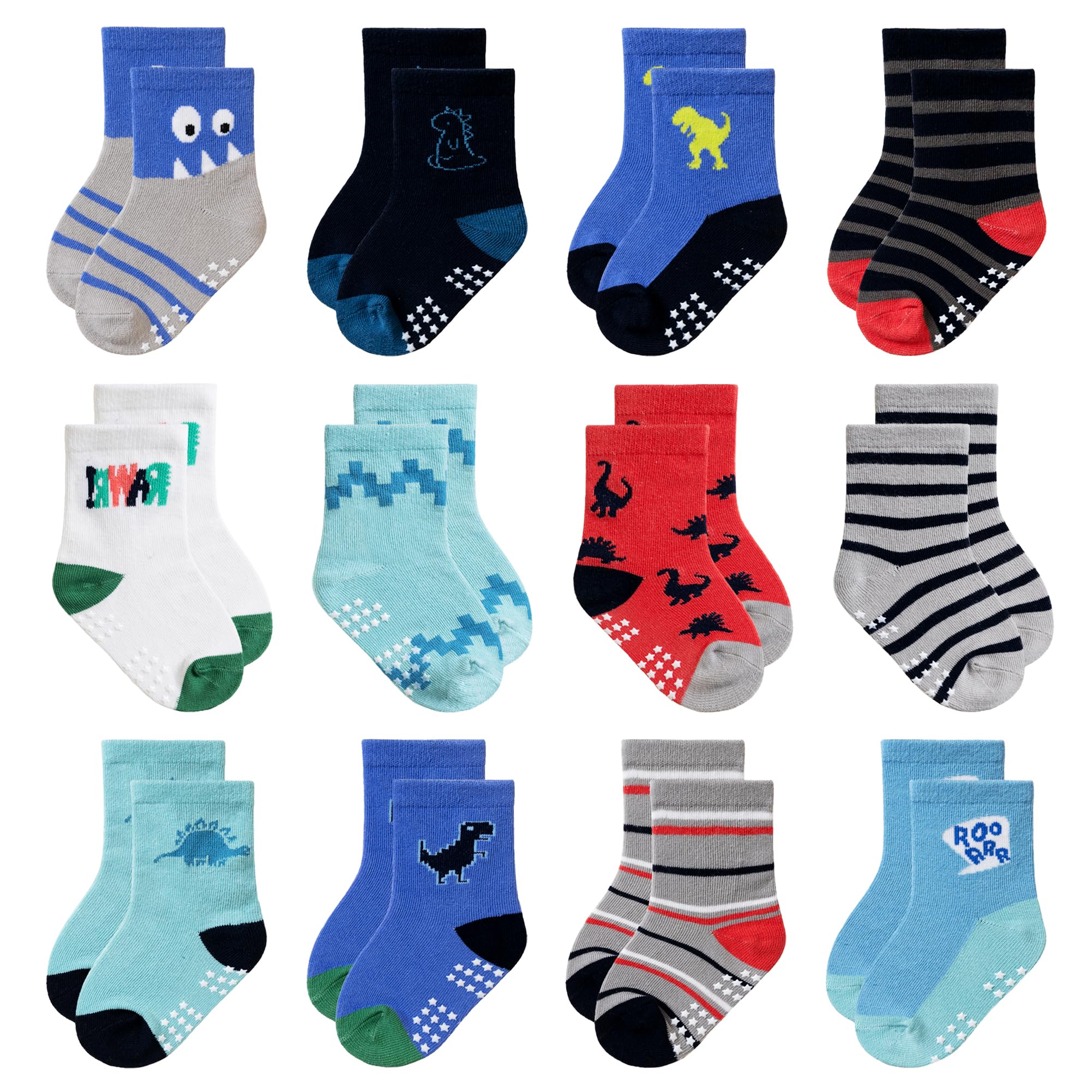 Eocom Baby Boys Grips Socks Kids Toddlers Infants Non Skid Anti Slip Crew Cotton Gifts Socks 12 Pairs(Dinosaur, 3-5T)