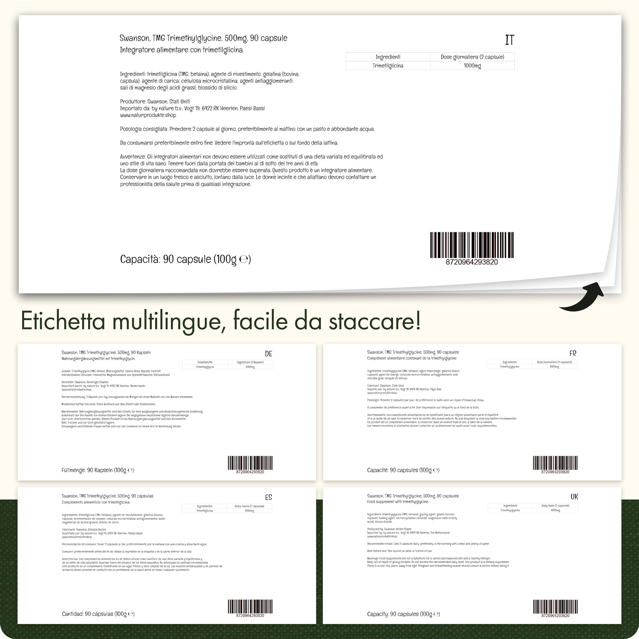 Swanson, TMG Trimethylglycine, 500mg, 90 Capsule, Altamente Dosato, Testato in Laboratorio, Senza Soia, Senza Glutine, Senza OGM