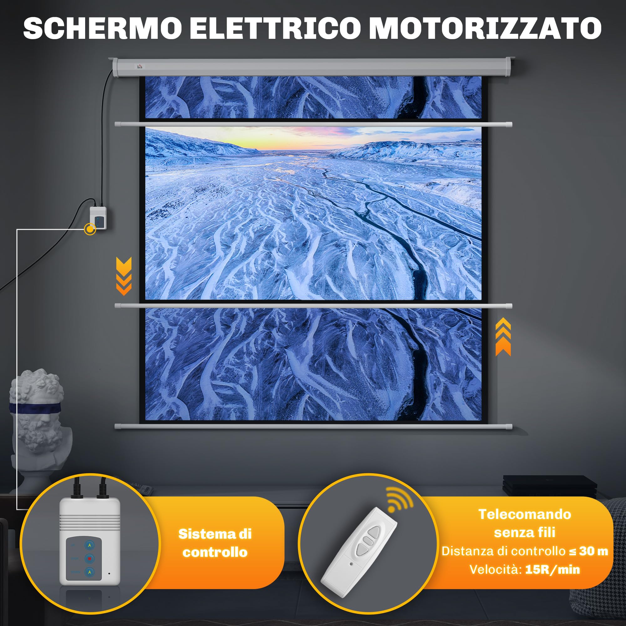 HOMCOM Schermo per Proiettore Motorizzato da 85 Pollici 1:1 con Telecomando, Telo Proiettore Avvolgibile in Plastica e Metallo, 176.5x8x176.5 cm, Bianco