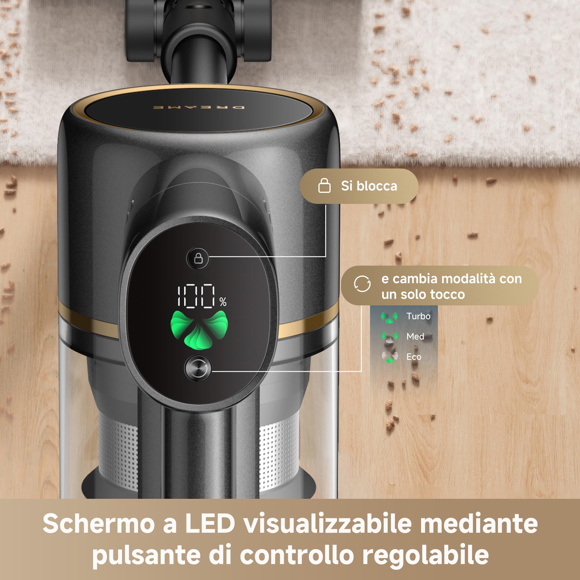 DREAME R20 SE-A Aspirapolvere Senza Fili, Aspirazione da 20,000PA/150 AW, 90 Min, Schermo a LED, Vano Polvere da 0,6 L, Smaltimento dello Sporco con un Pulsante, Spazzola Antigroviglio con Luce