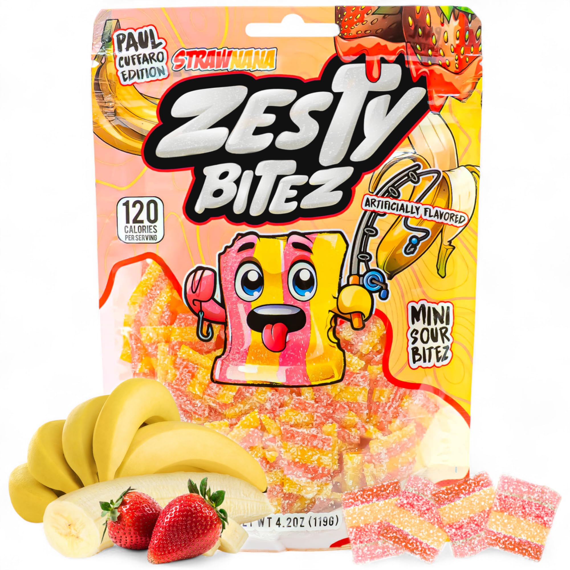 Zesty Bitez - Sour Candy Belts - Vegan Candy Strips, Super Sour Gummies - Mouth Puckering Sweet Candies for Adults & Kids - Resealable Pouch 4.2oz - Strawberry & Banana Flavored