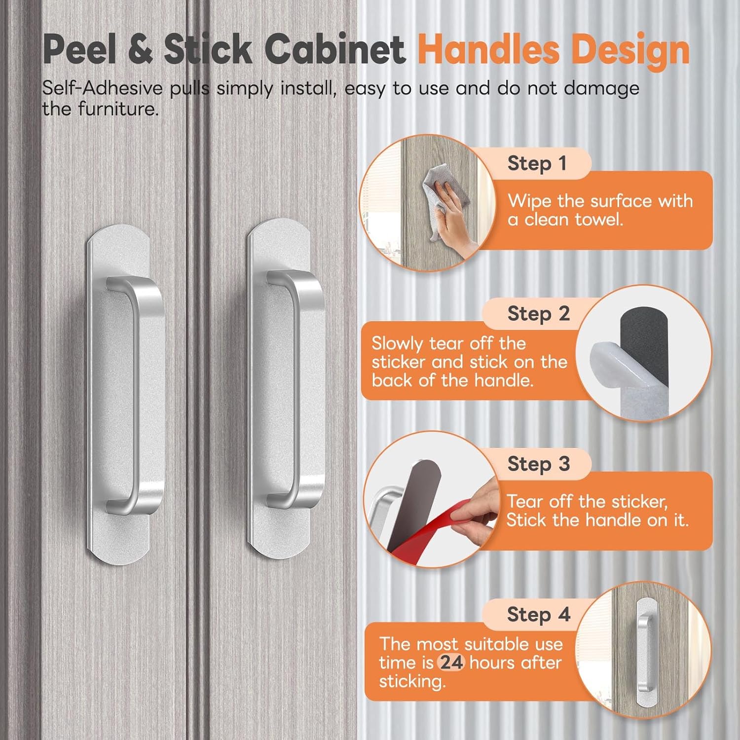 2 Pack 5.7 Inch Adhesive Cabinet Handles - No Drill Stick on Door Push Pulls for Closet, Drawer, Fridge - Peel & Stick Sliding Door Handles with Strong Adhesive & Secure Grip (2, Silver)