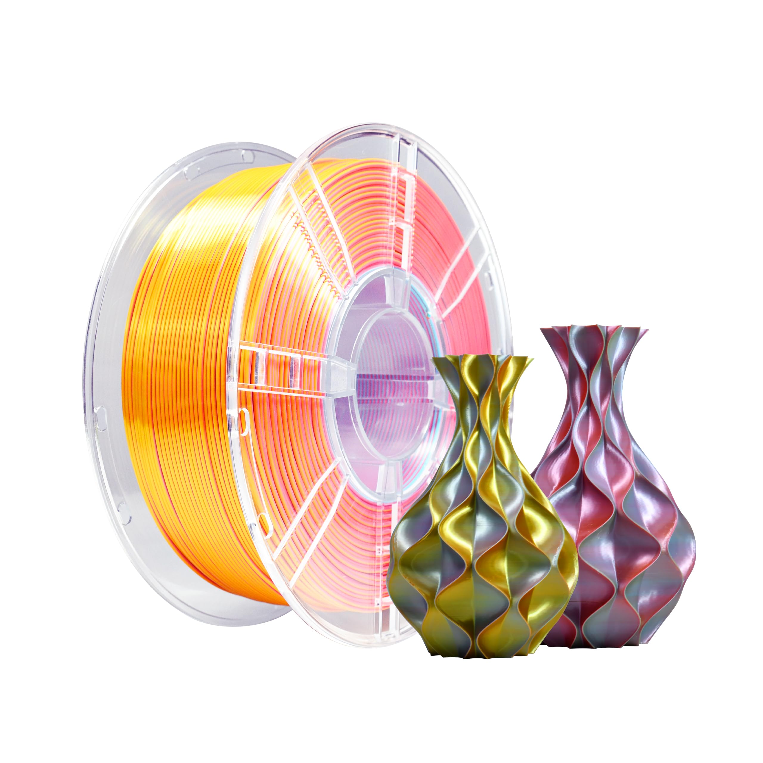 iBOSS Silk Tri Color PLA Plus 3D Printer Filament, Tri-Color Coextrusion Silk PLA+ Filament 1.75mm +/- 0.02mm, 1kg/2.2lbs 3D Filament Fit Most FDM 3D Printers (Silk Green Orange Gold)