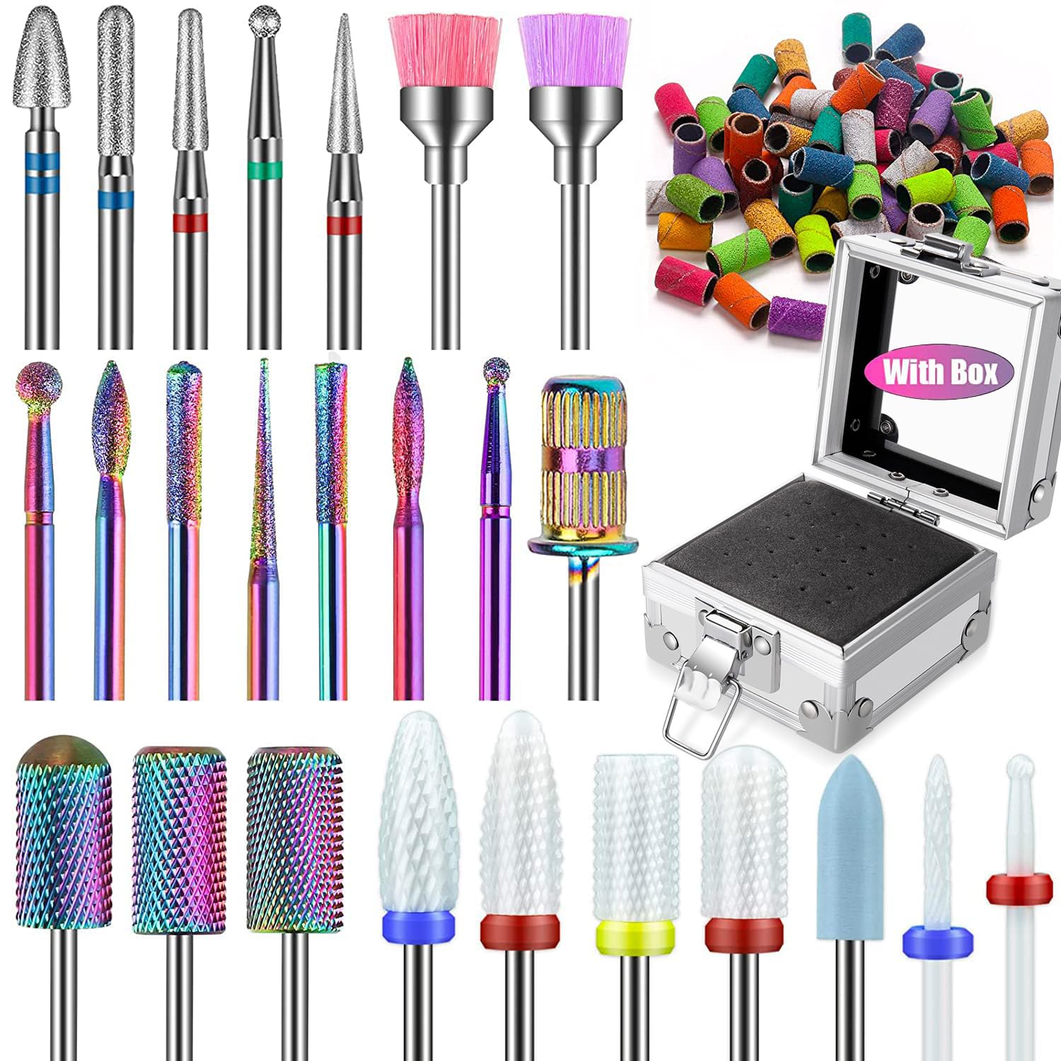 25Pcs Nail Drill Bits Set with Silver Holder and 50Pcs 8 Colors Sanding Bands, Tungsten Carbide Ceramic Diamond 3/32 inch Nail Drill Bits Remove