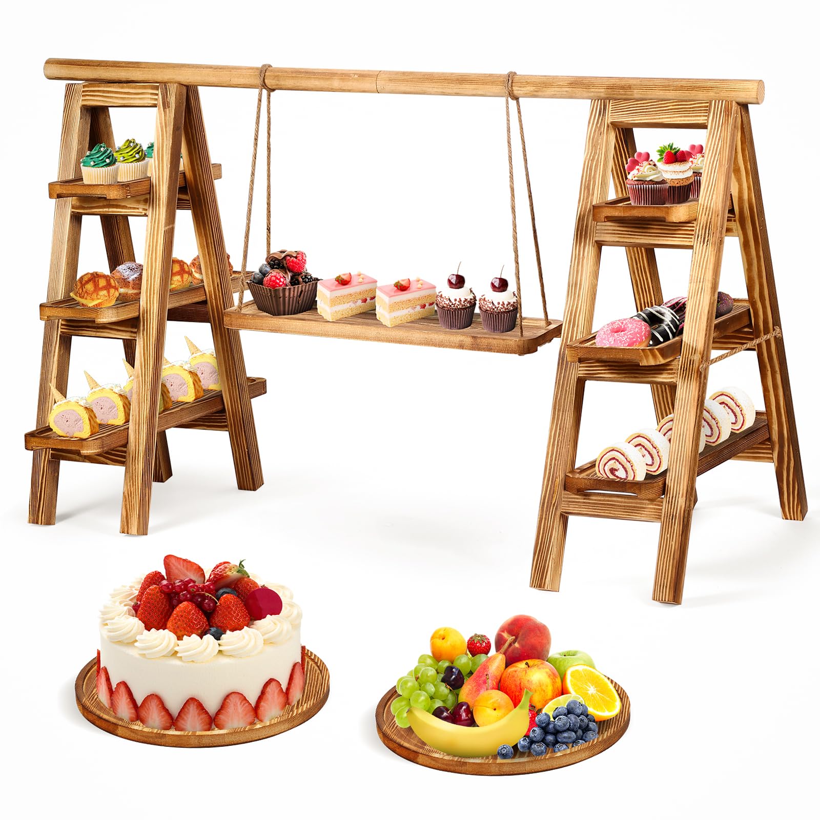 3 Tier Serving Tray Wooden Cupcake Stand, Dessert Table Display Set with 2 Pcs Round Tray, Removable Trays and Foldable Dessert Stand, Rustic Food Display for Party Birthday Wedding - Large