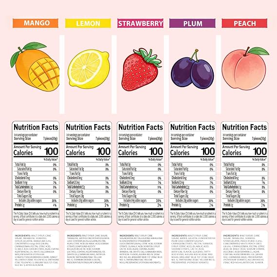 Peelable Gummy Candy 10 Fruit-shaped Flavors, Orange, Grape, Passion Fruit, Pineapple, Strawberry, Plum, Mango, Peach, Lemon, Lychee, 28.3 oz Box with 20 Bags Individually Wrapped Chewy Sweet Snack