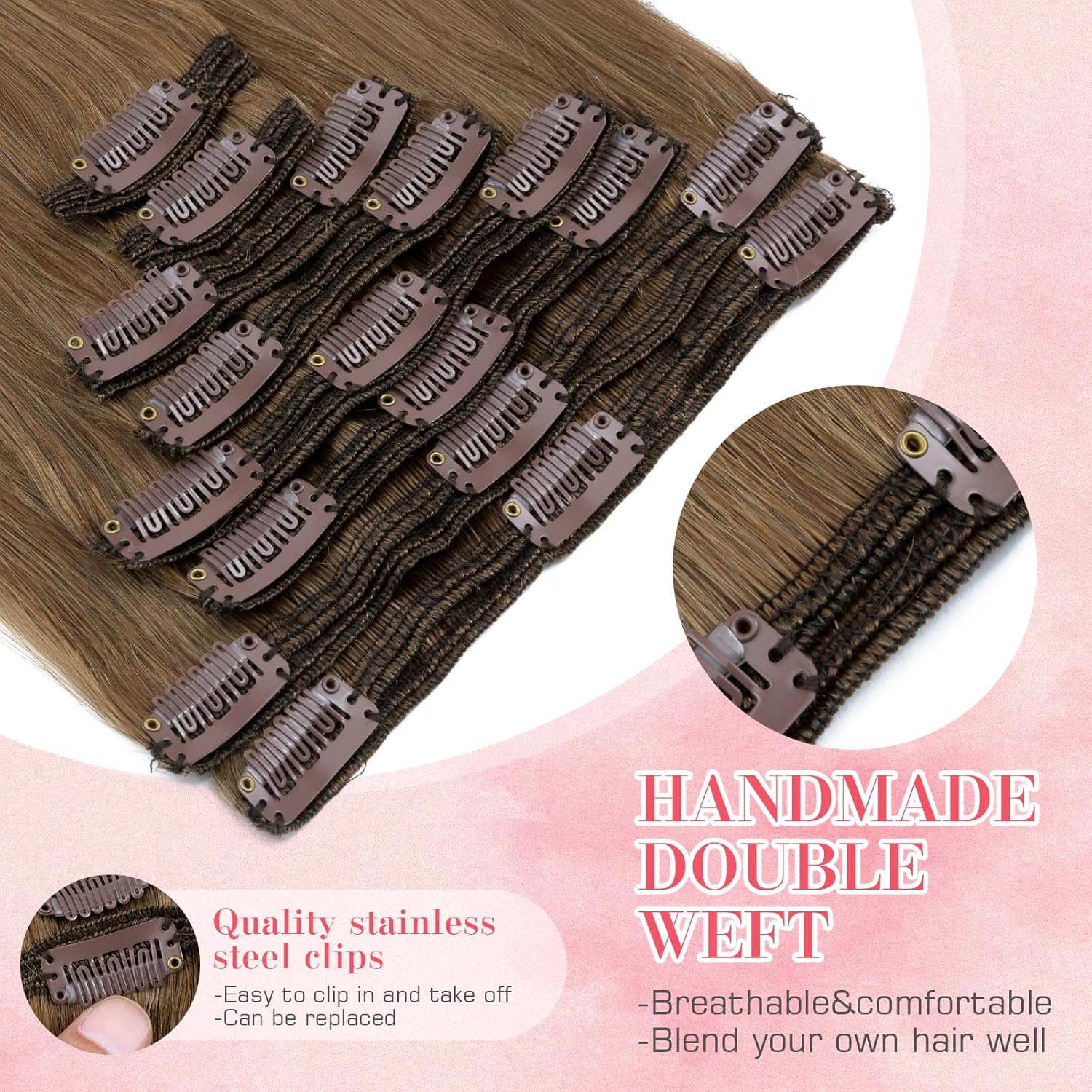S-noilite 8PCS Clip in Hair Extensions Real Human Hair Light Brown Clip In Extensions 18 Inch 140g Straight Double Weft #6