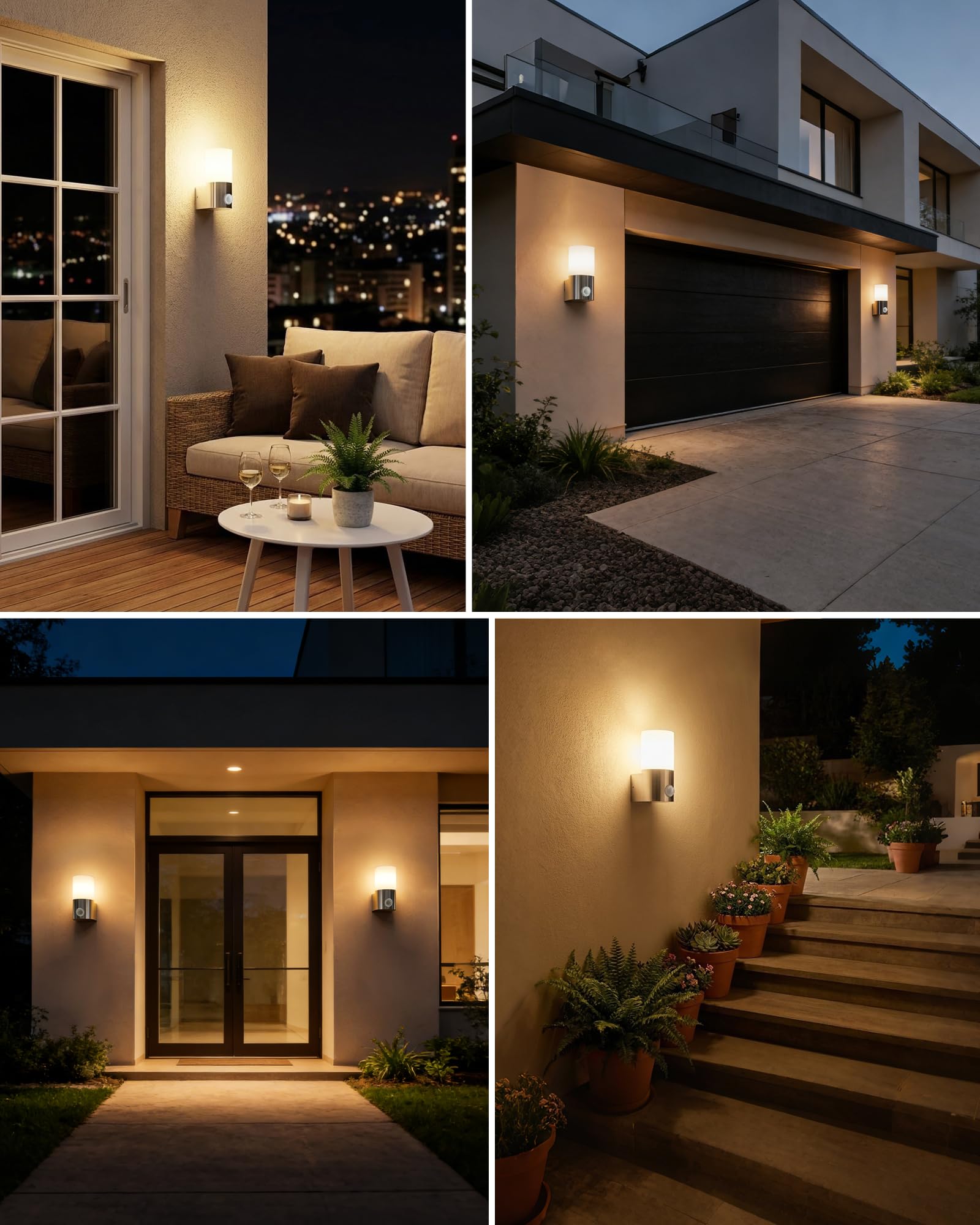 Allesgute 2er Wandlampe E27, Wandleuchte mit Bewegungsmelder Gebürstet Edelstahl, IP65 Aussenlampe, PC+Aluminium, Moderne Wandleuchten Außen für Hauswand, Balkon, Terrasse(Ohne Leuchtmittel)