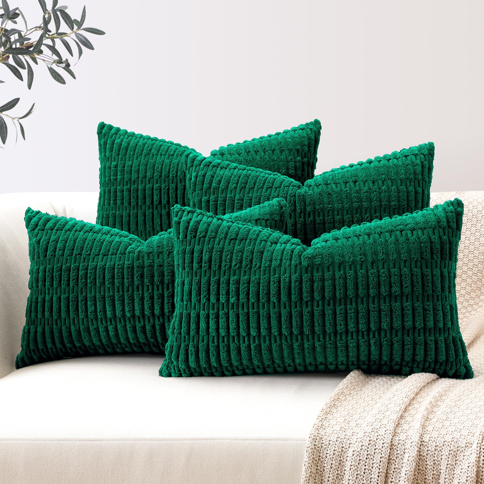 Sungeek Set of 4 Soft Corduroy Decorative Cushion Covers 30x50cm Lumbar Striped Throw Pillow Covers 12x20 Inch for Sofa Couch Living Room Patio Farmhouse Boho Home Decor Pillowcases (Dark Green)
