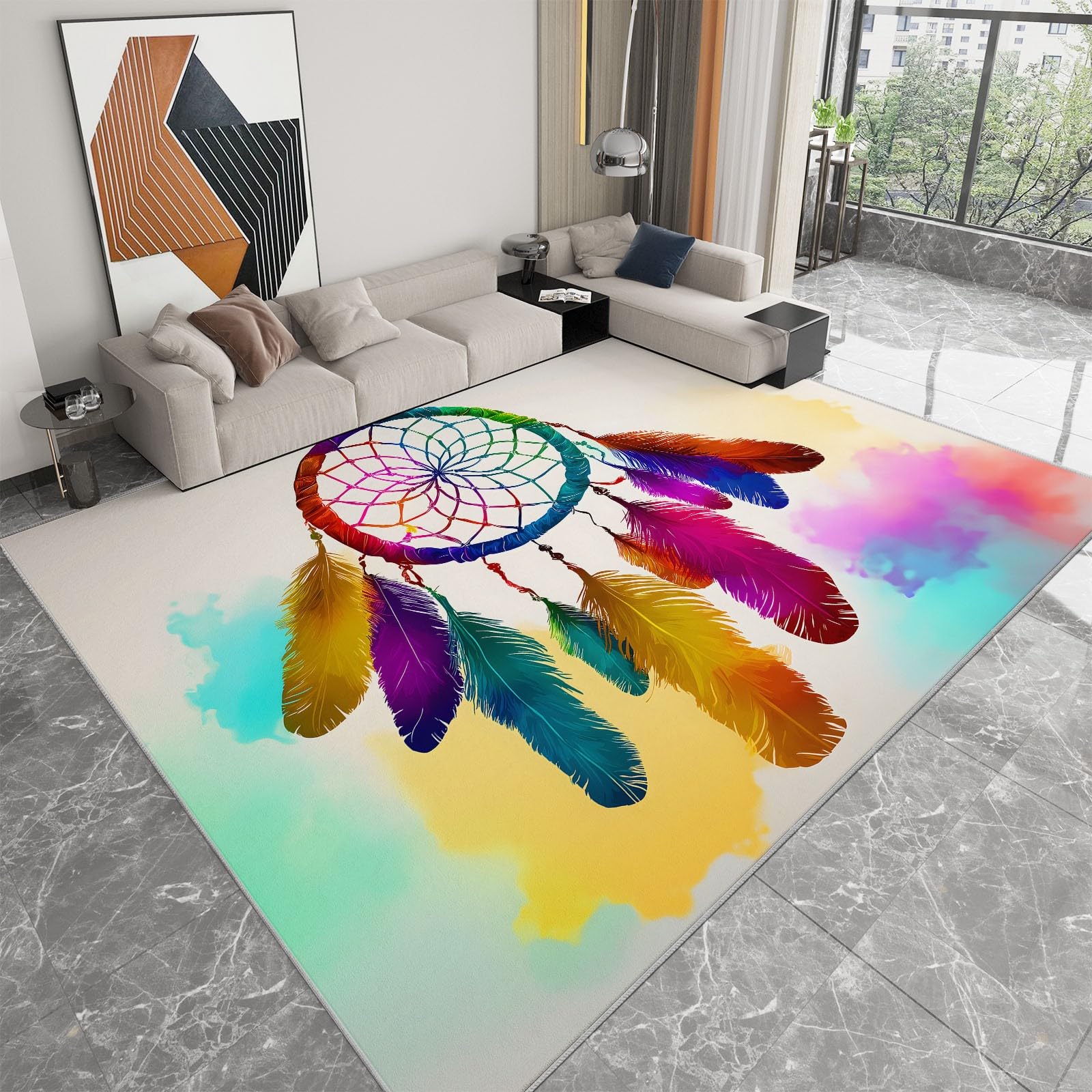 Waschbarer Wohnzimmer Teppich 80 x 150 cm, Traumhafter Kurzflor Teppich Schlafzimmer - Traumfänger Regenbogenfarben Federn Weicher Teppichläufer mit Rutschfester Rückseite für Esszimmer Büro