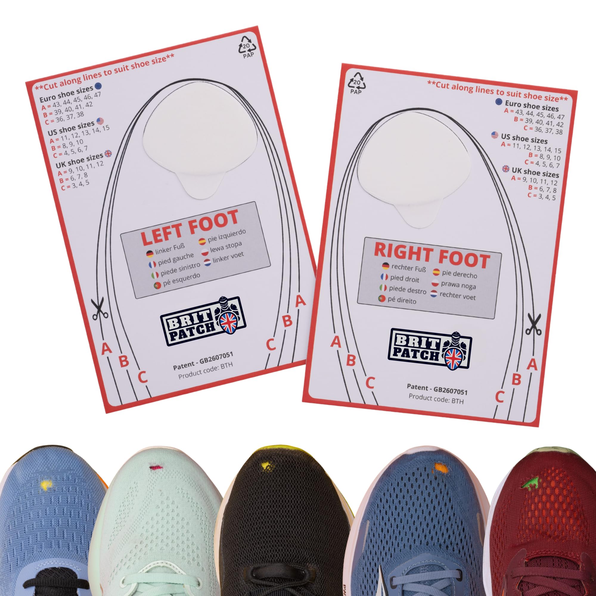 Big Toe Hole Preventer for fabric footwear. Self-adhesive patches with a clever applicator. Strong and unnoticeable when fitted. Also used for footwear repair (White, STANDARD LEFT & RIGHT FOOT)