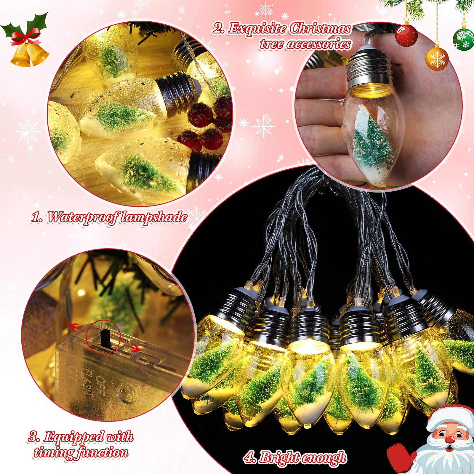 Aurelema Stringa di lampadine natalizie da 4 m, con 20 lampadine LED trasparenti, con mini neve, decorazione per albero di Natale, camera da letto, tavolo, feste, timer a batteria (bianco caldo)