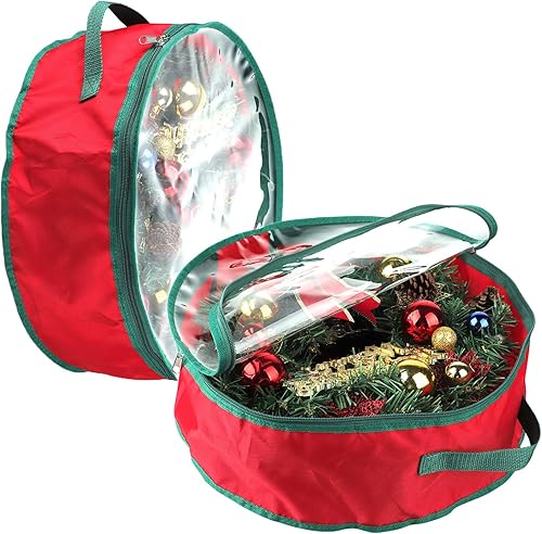 2 bolsas de almacenamiento de corona de Navidad de 20 pulgadas, contenedor organizador portátil de coronas artificiales con ventana transparente con