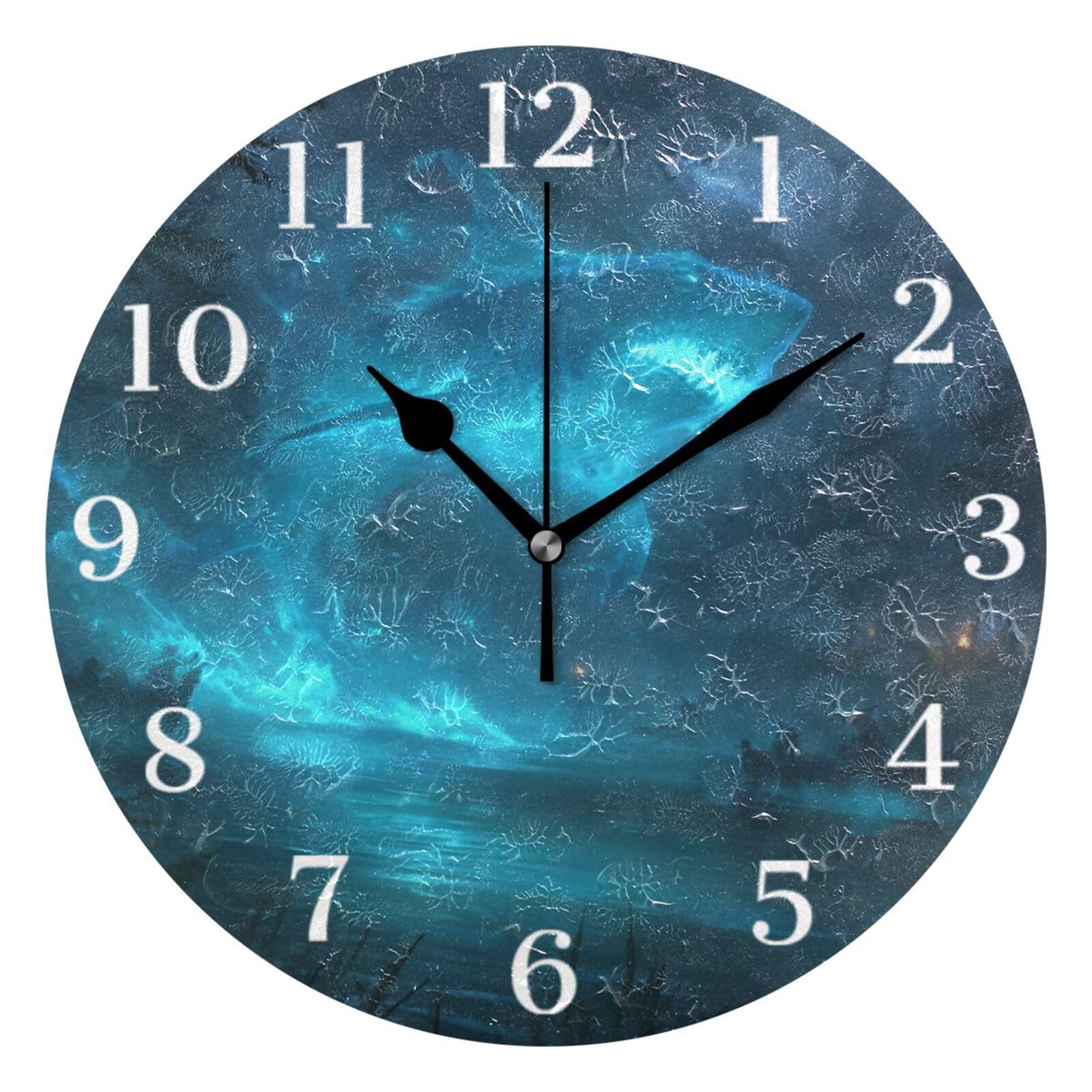 Ensound Green Shark Wall Clock Silent Non-Ticking Battery Operated Clocks 12 Inch for Kitchen Home Living Room