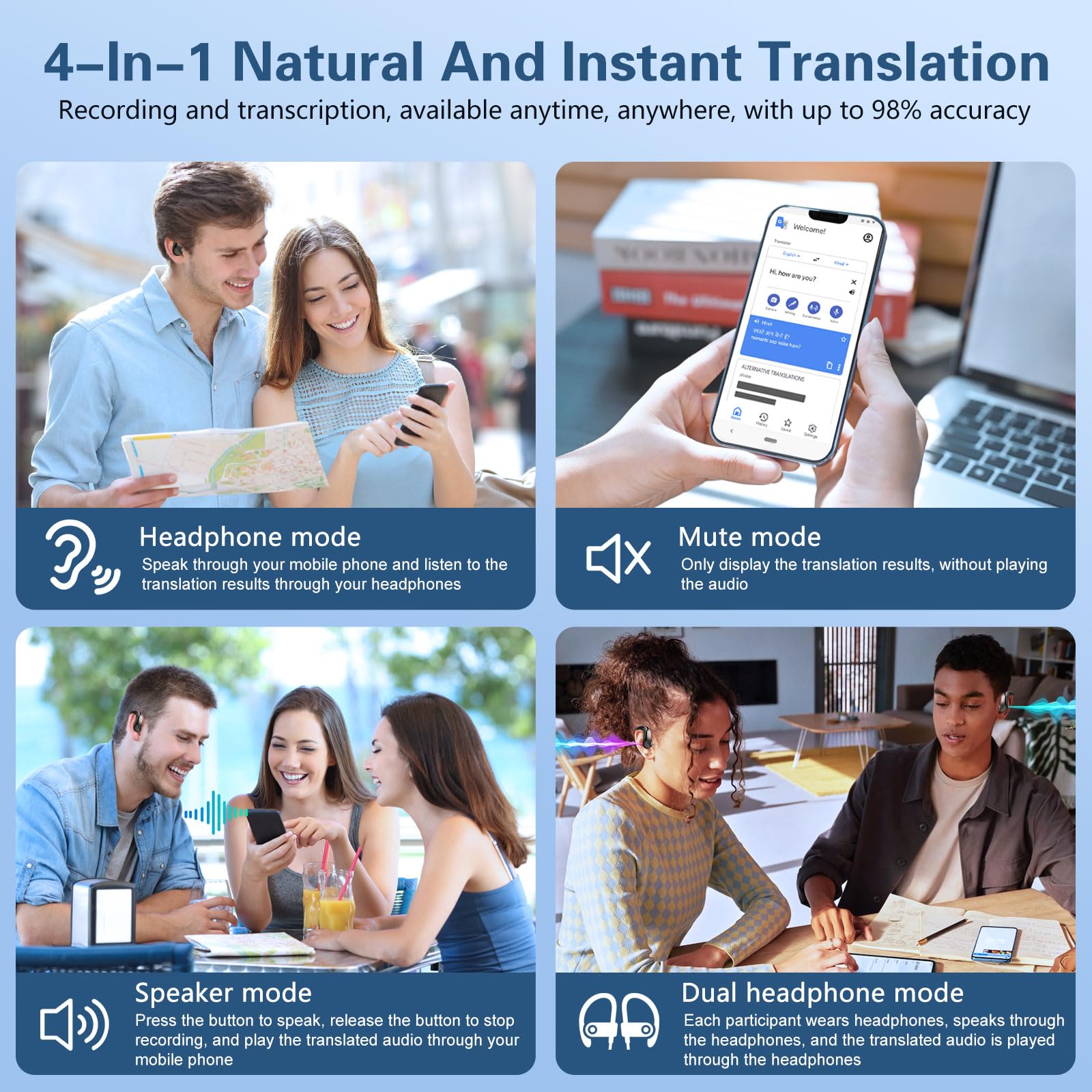 AI Cuffie Traduzione Simultanea,Schermo Lcd Touch,Bluetooth 5.4,Auricolari Traduttori Istantanei,Auricolari Traduttore Senza Fili Per Viaggi,Affari,Studio144 Lingue