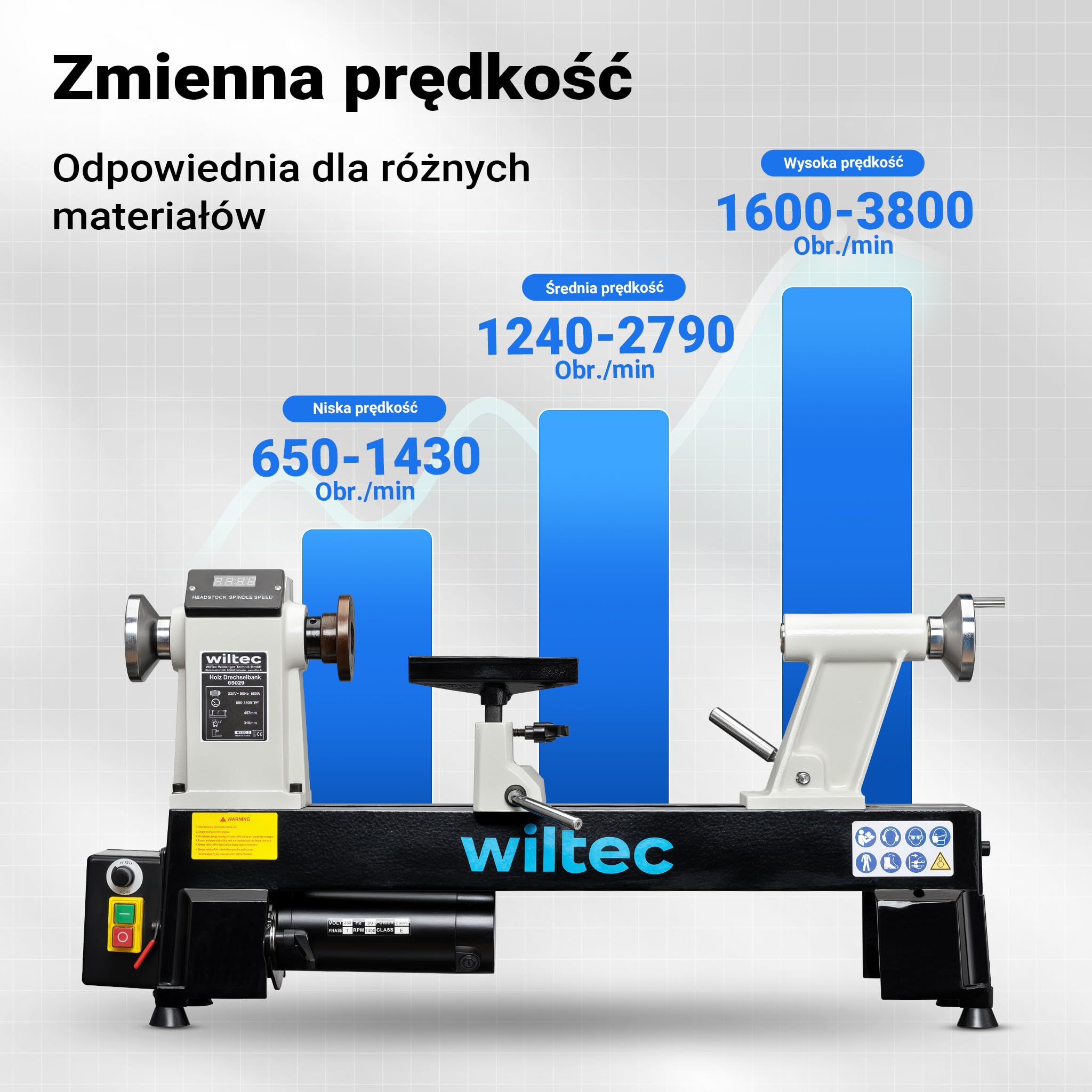 Wiltec Tokarka do drewna 550 W o regulowanej prędkości 650-3800 obr/min do obróbki drewna do 457 mm długości i 310 mm średnicy z akcesoriami