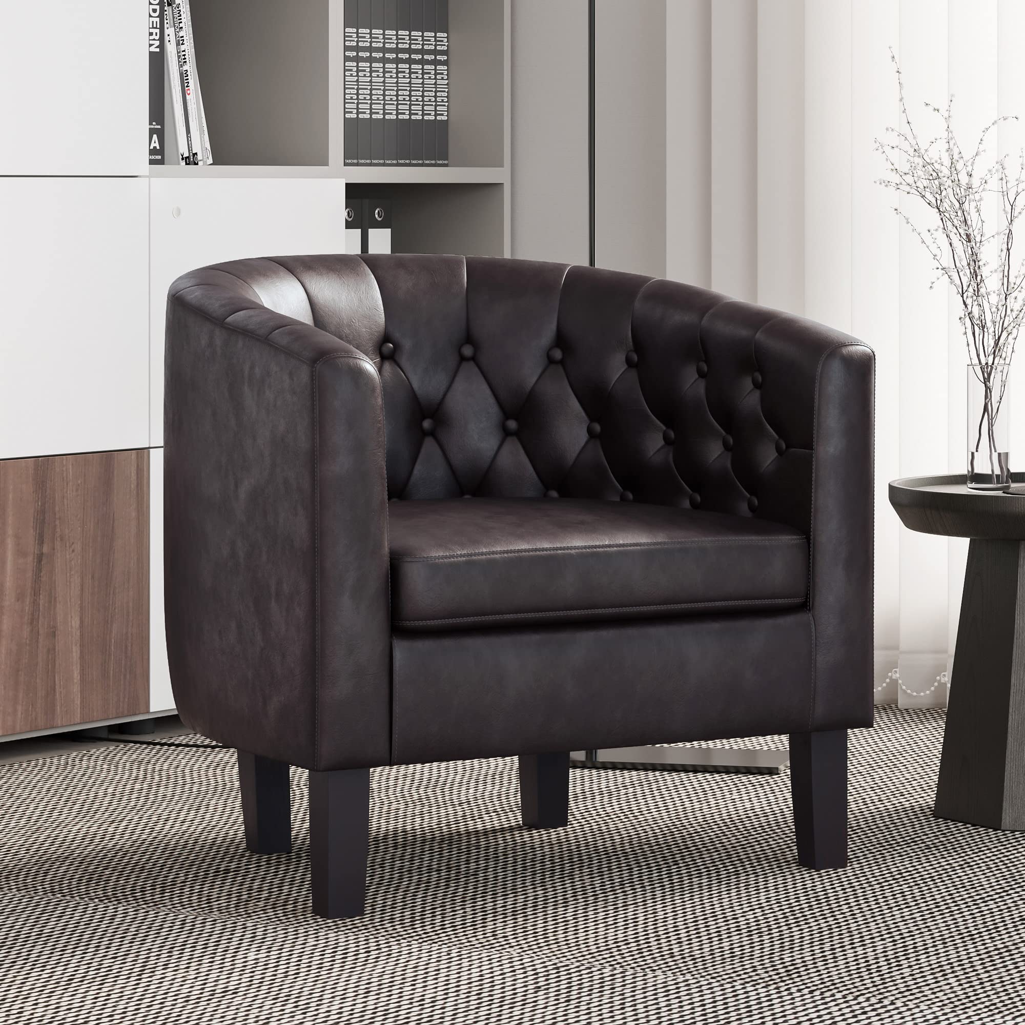 BELLEZE Brown Accent Chairs for Living Room, Elegant Arm Chair Upholstered Tufted Barrel Chair Club Chair for Bedroom with Sturdy Legs and Faux