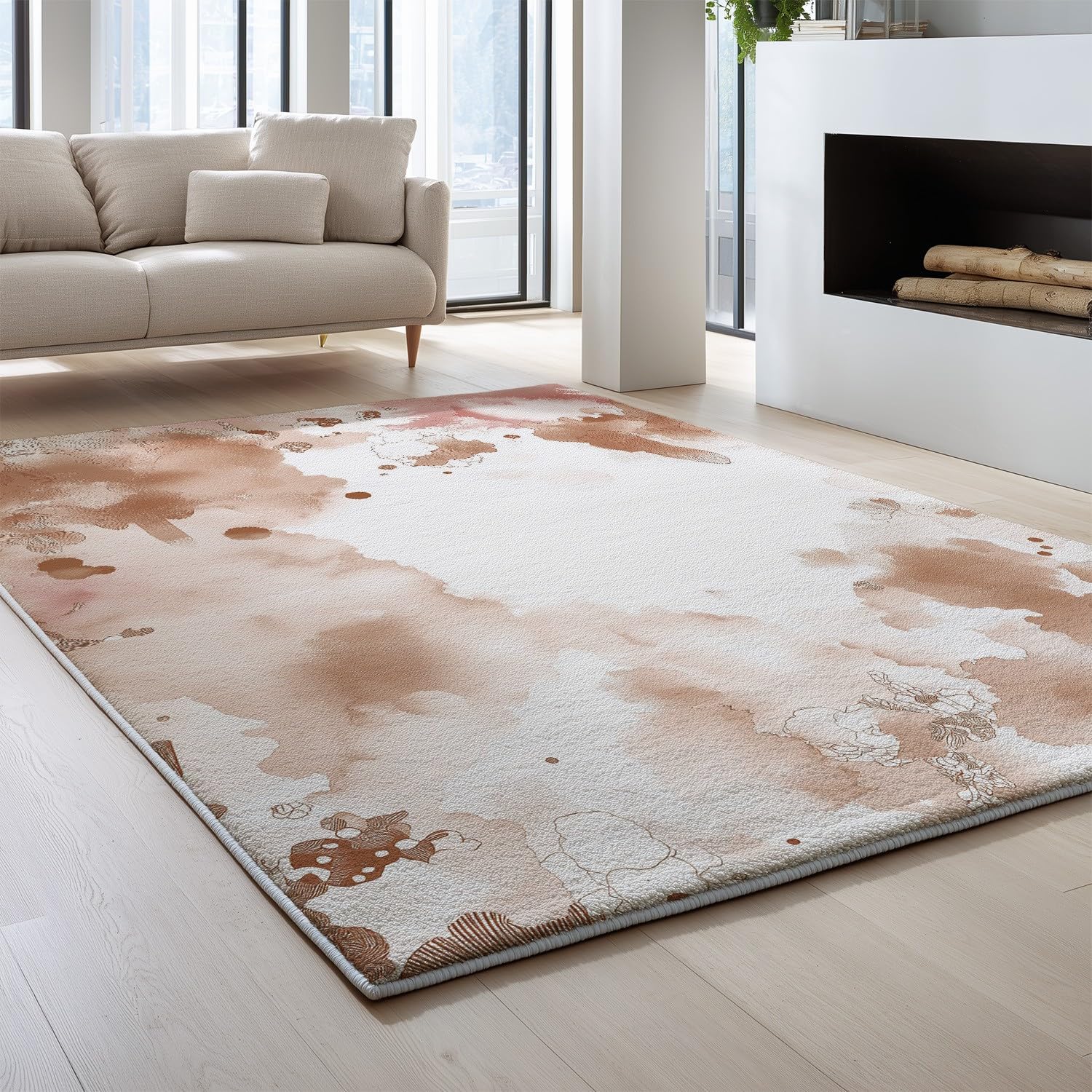 Genérico Alfombras Lavables 80 x 150 cm, Tinta China Libro ilustrado Infantil Alfombra Flores Nubes Suave Espacio Negativo, Alfombras de Pelo Corto Infantil Estilo Chino, Marrón Claro