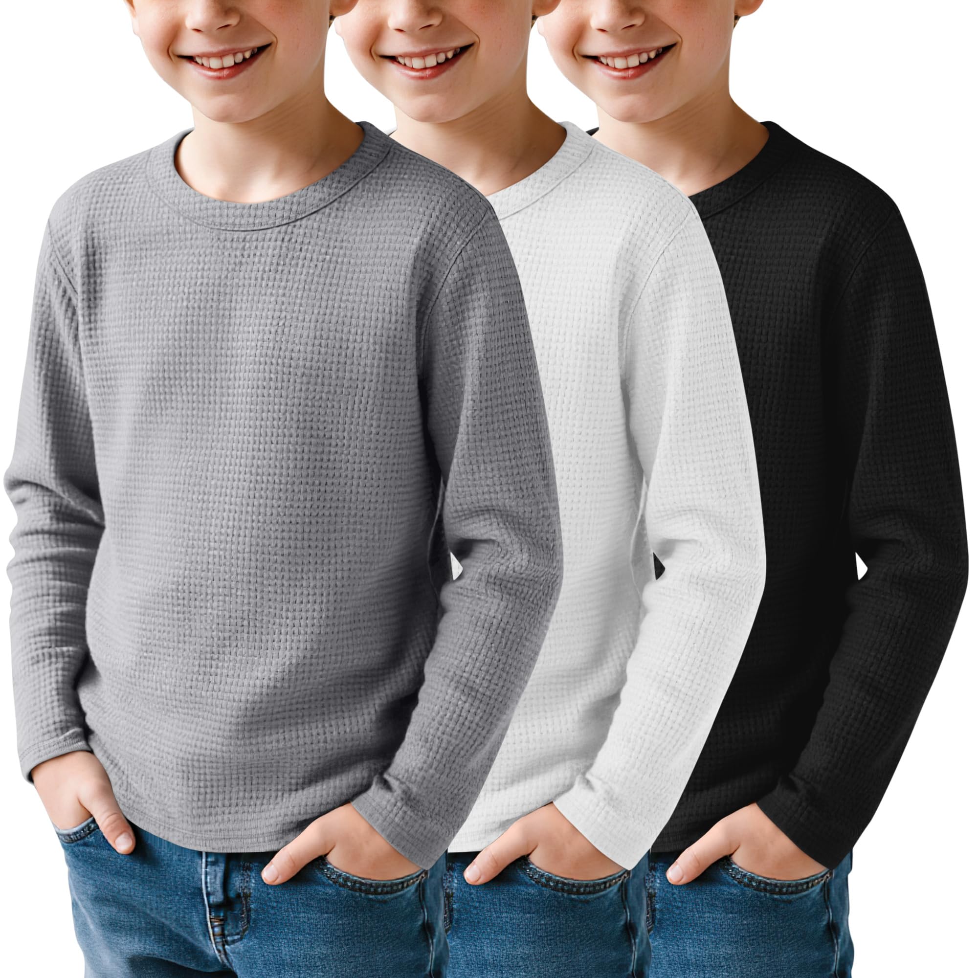 Clabby Pack de 3 Camisetas de Manga Larga Tipo gofre para niños de 5 a 14 años, Camisetas térmicas básicas para jóvenes