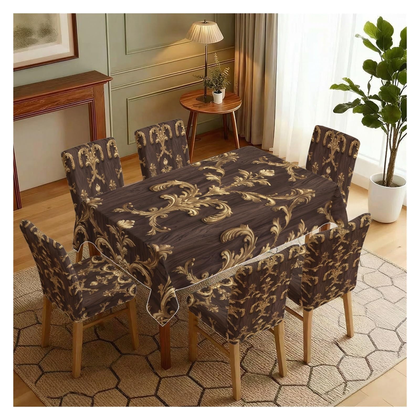 KXUAUV Gold Damask Wood Print Stretch Dining Chair Covers Tablecloth Set, For Kitchen Dining Living Room Luxury Decor, 5/7 Pack Party Decor(7pcs Set: Tablecloth+Chair Covers)