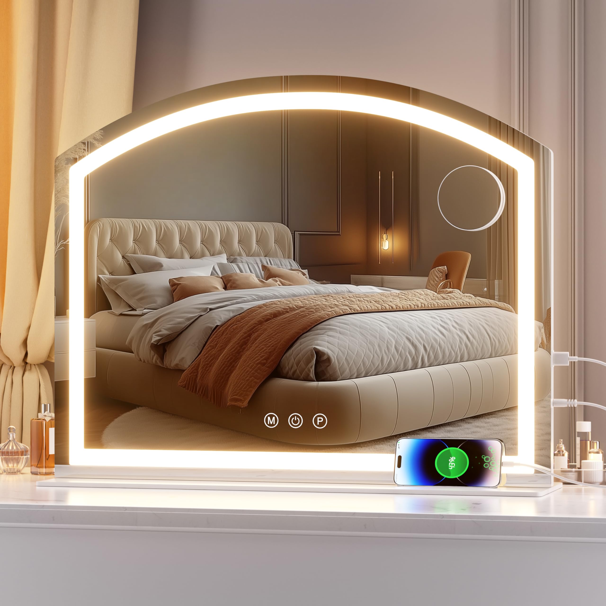 Hasipu Schminkspiegel mit Beleuchtung 70 x 55cm, LED Kosmetikspiegel mit 10 x Vergrößerung, Tischspiegel mit USB-Ladeanschluss, 3 Modi Dimmbar