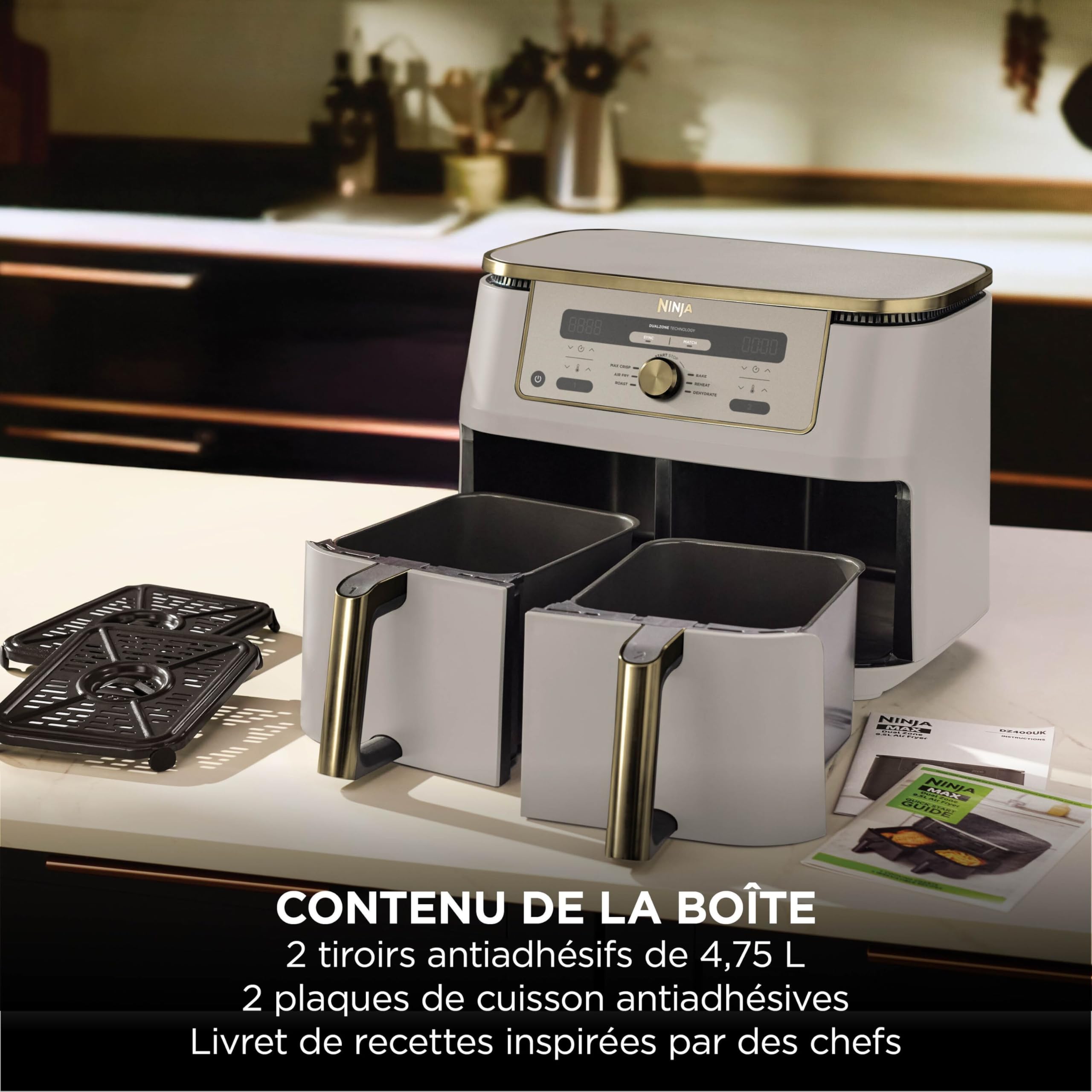 Ninja Air Fryer Dual Zone MAX numérique, Friteuse à air chaud grande capacité, 9,5 L, Sans huile, Air Fry, Croustillant max, Cuire au four, Rôtir, Déshydrater, Réchauffer, Stone/or, DZ400EUSTGD