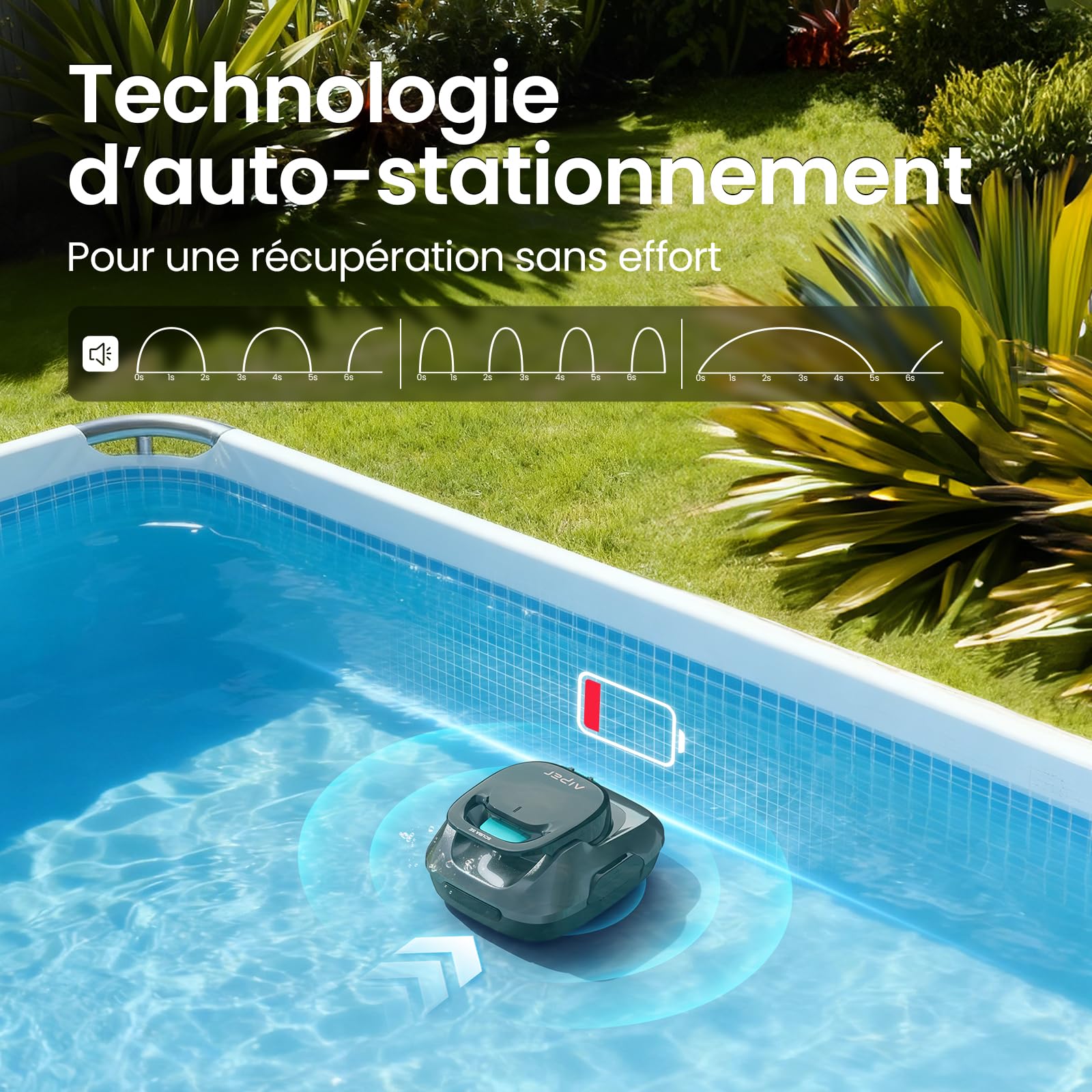 AIPER Robot Piscine sans Fil, Aspirateur de Piscine Automatique, Autonomie 90 Min, Aspire Débris et Feuilles, Auto-Stationnement, Idéal pour Piscines Hors-Sol jusqu'à 80 m²