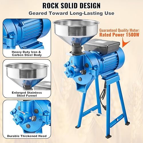 Miniatura 6 de VEVOR Molino de grano eléctrico, 1500 W 110 V molinillo de especias secas y húmedas, Molino de maíz comercial con embudo, Máquina de polvo ajustable