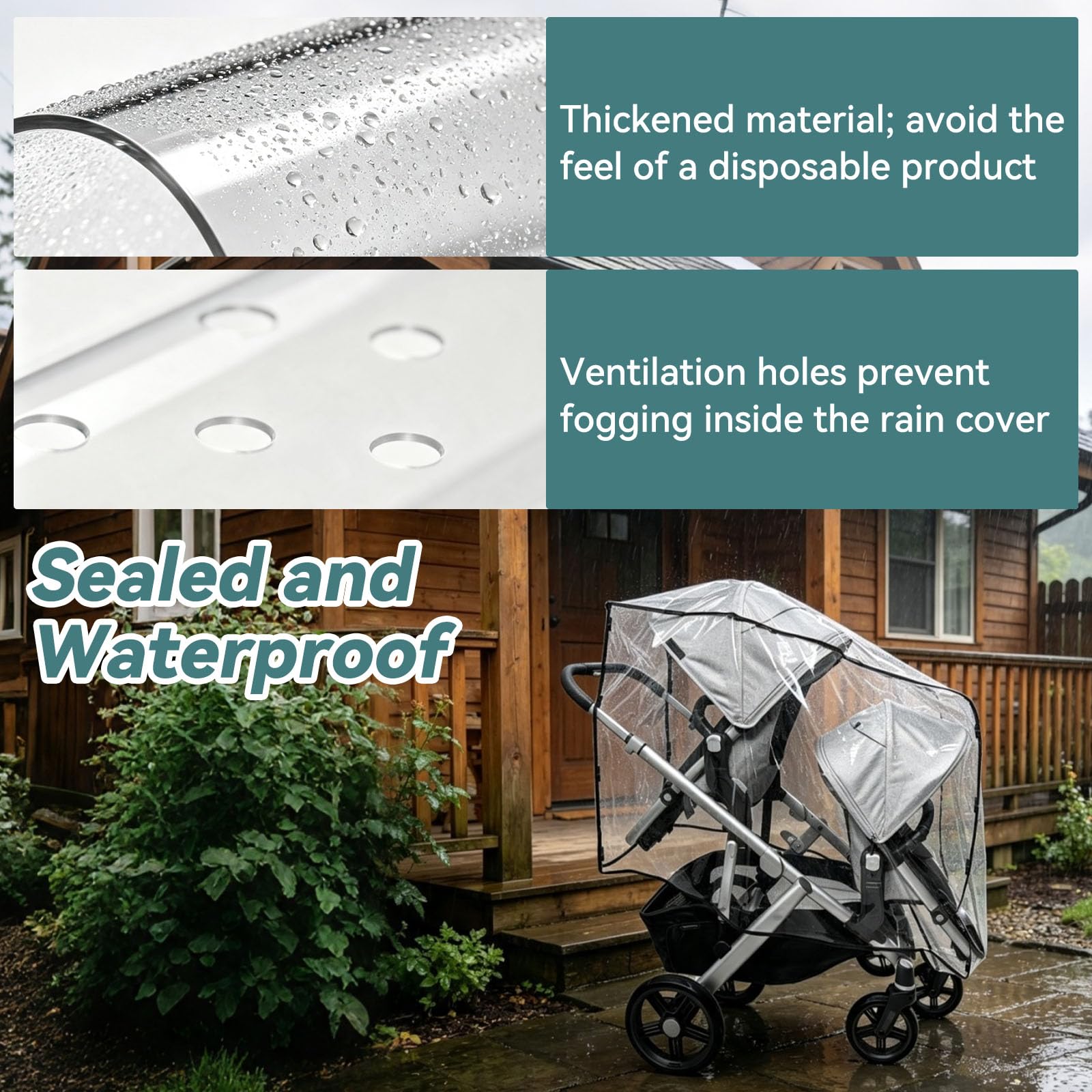 Parapioggia per passeggino doppio compatibile con UPPAbaby Vista V2/V3, sistema con sedile a rombo, protezione antivento trasparente con fori di ventilazione e copertura completa