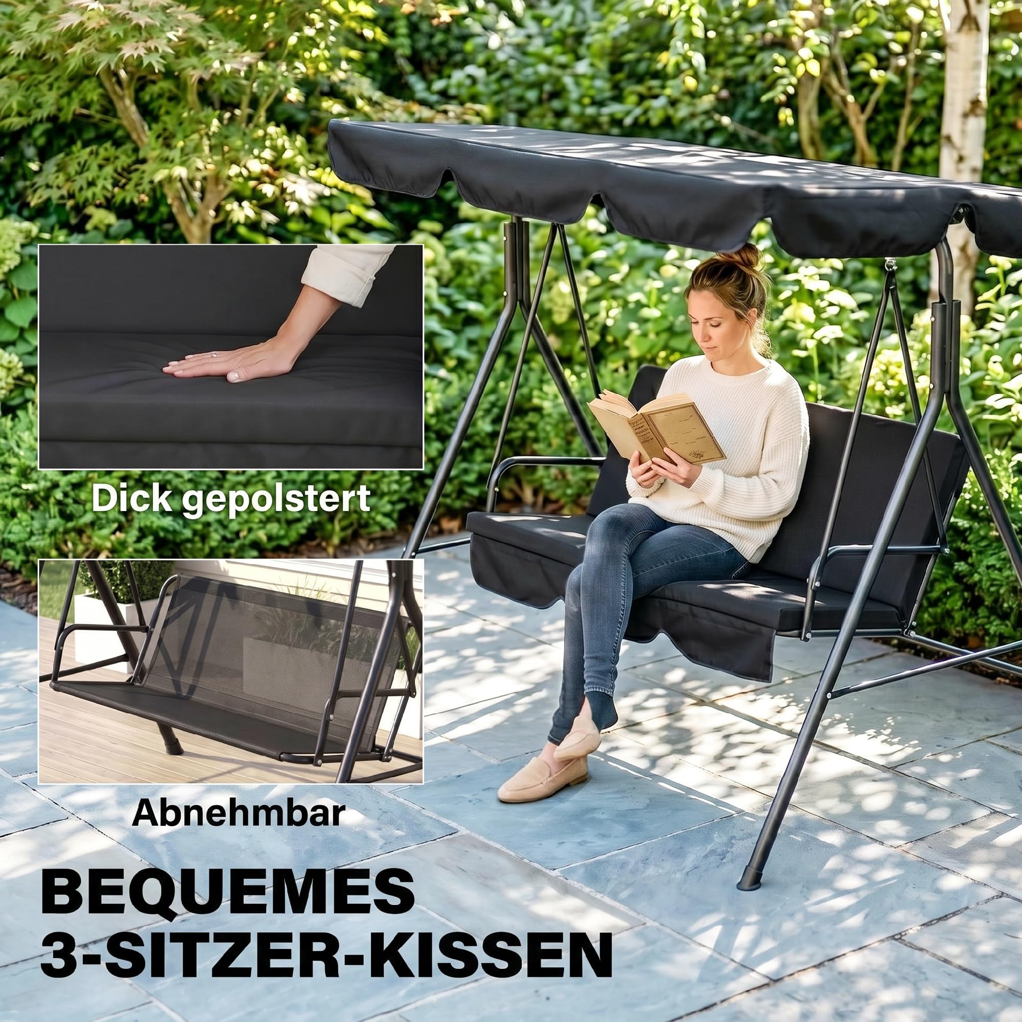 Outsunny Balancelle de Jardin 3 Places Toit Inclinaison réglable Acier Noir