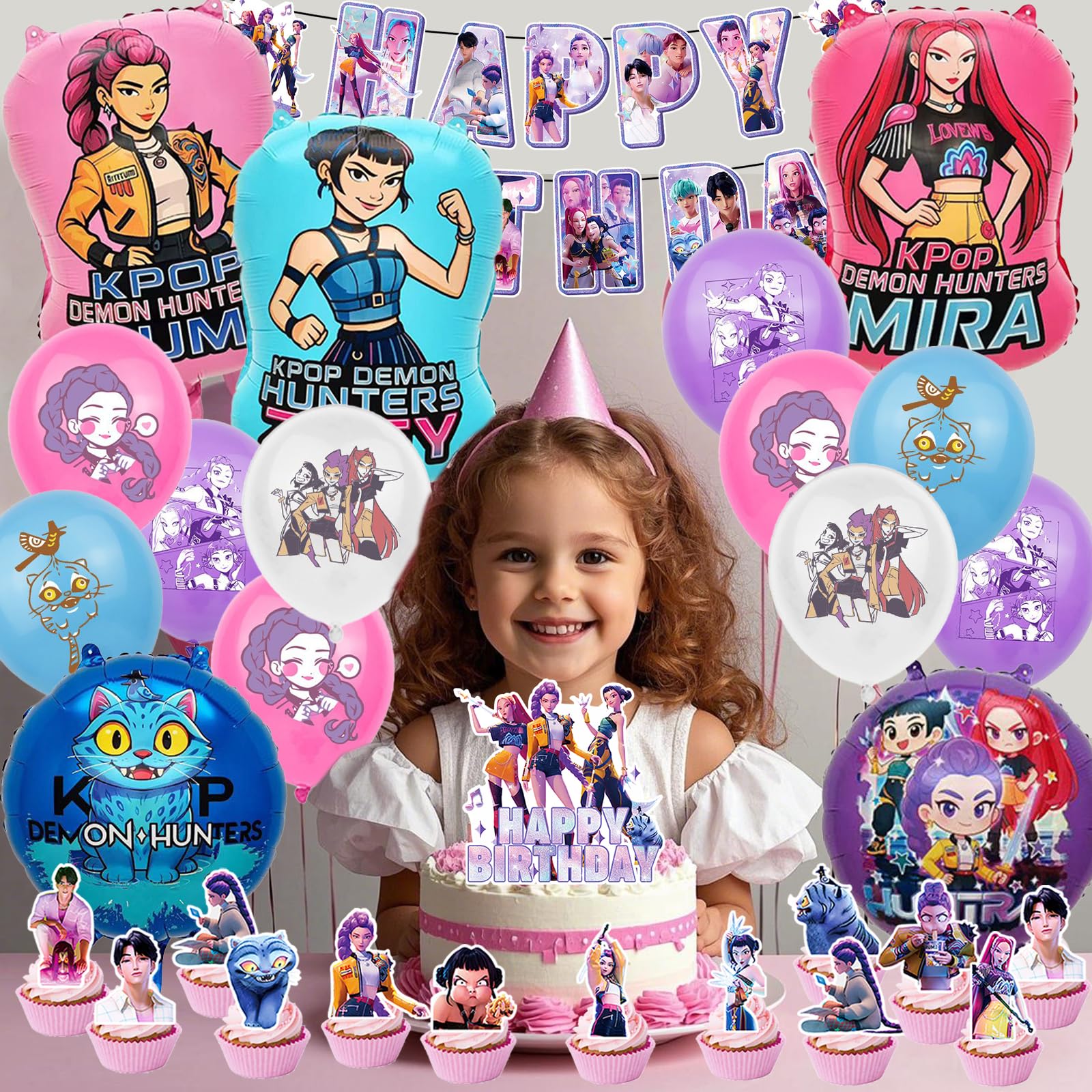 47pcs Set Decorazioni Festa di Compleanno, Tema Cartone Animato con Banner, Palloncini e Topper per Cupcake per Feste di Bambini (4)