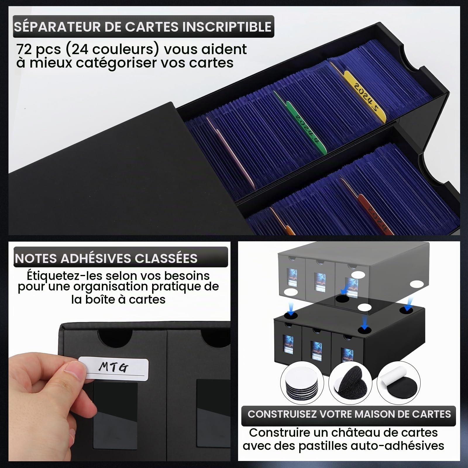 Boite Rangement Carte pour Plus de 10800 Cartes MTG, Deck Box Yugioh avec 72 Séparateurs et Étiquettes, Boite de Rangement Carte Assemblage Libre, Card Deck Box pour Magic TCG Sportive Cartes