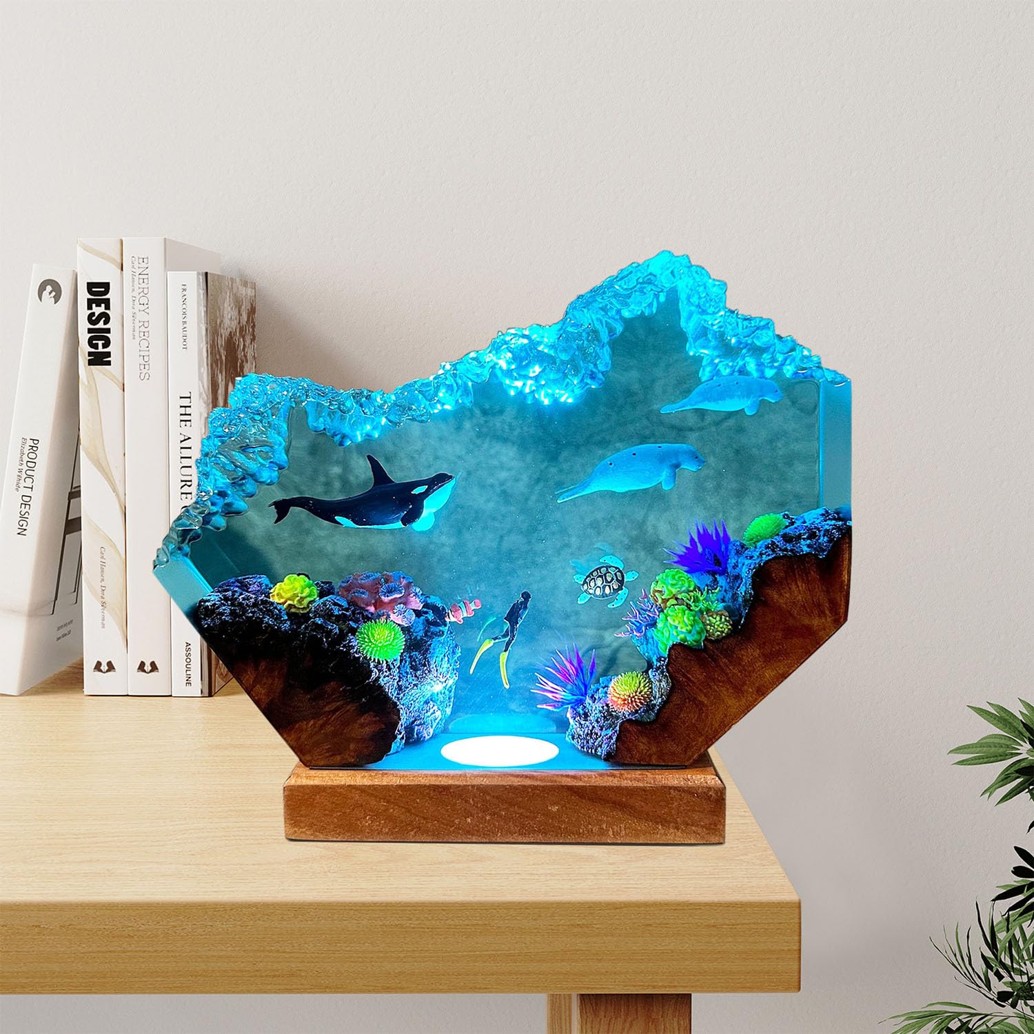 Lampy z żywicy, unikalna dekoracyjna lampka nocna oceaniczna z kolorową podstawą świetlną do domowego biura i sypialni, dekoracja biurka do nurkowania głębinowego, artystyczna ozdoba