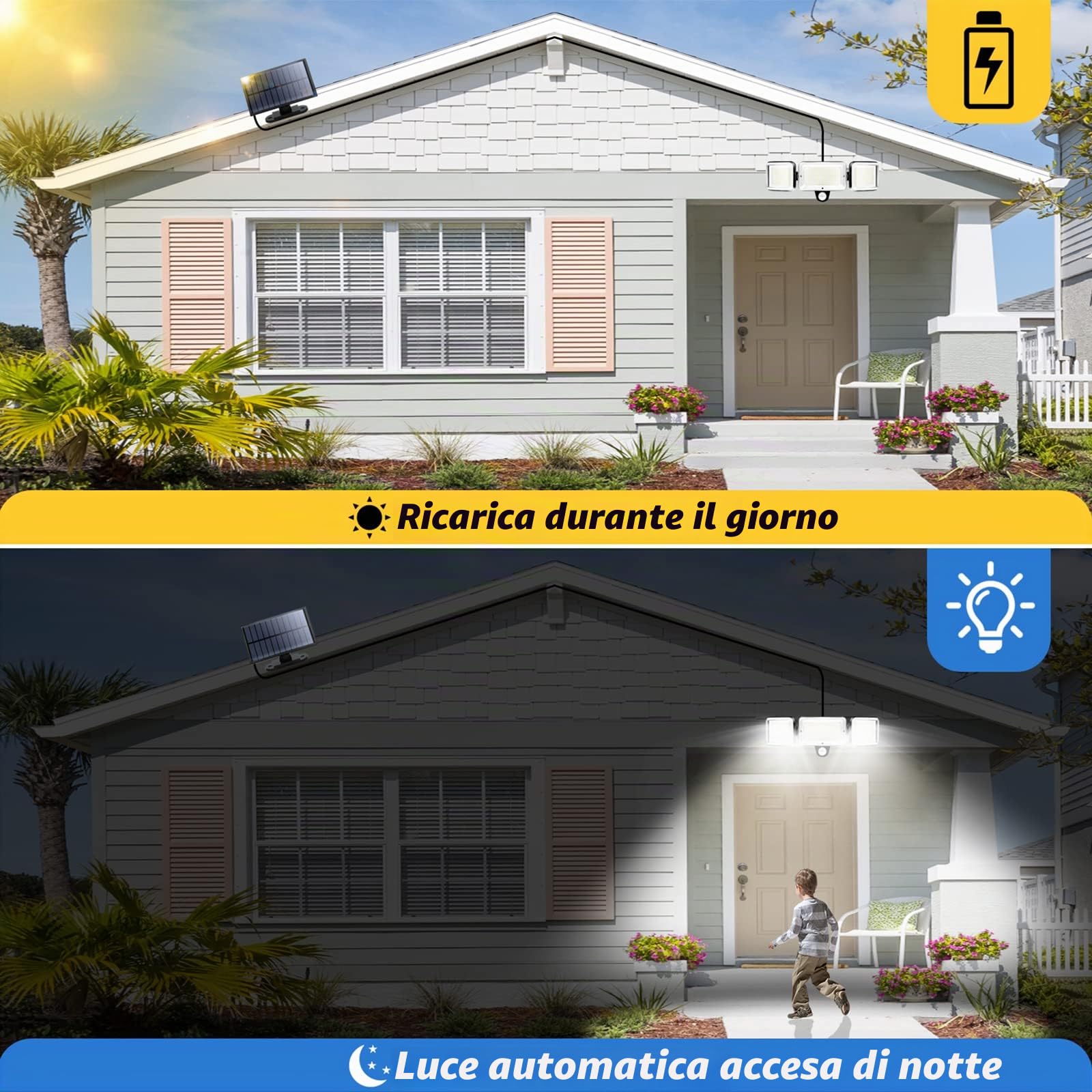2 Pezzi Luce Solare Led Esterno, Lampada Faretto Solare Esterno | con Sensore di Movimento, 224 LEDs, 1600 Lumen, 4 modalità, 5m Cavo, con Telecomando, per Giardino/Posto Auto Coperto