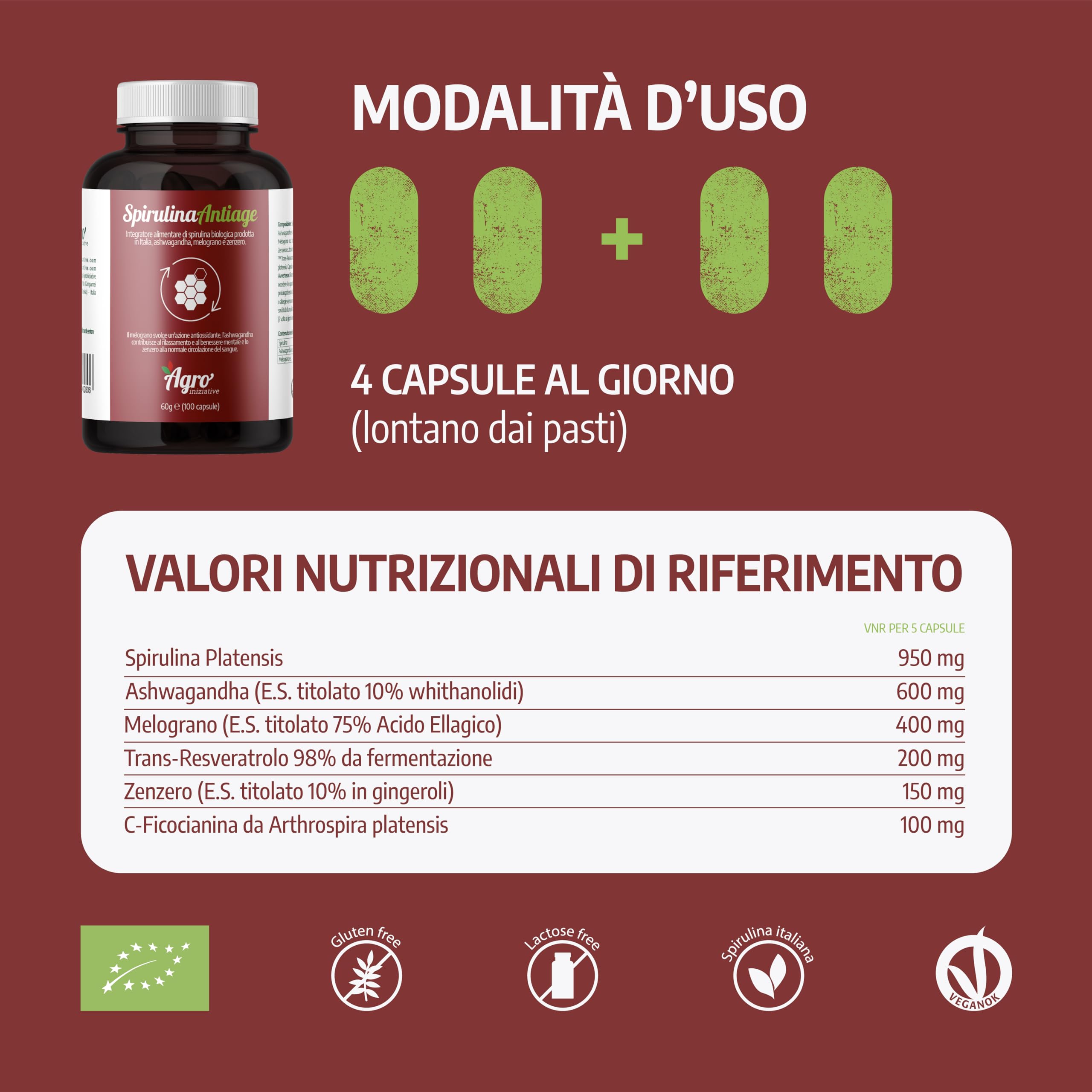 AGROINIZIATIVE SPIRULINA ANTIAGE 100 Cps 60 G Alga Spirulina Bio Senza Glutine Senza Iodio Combatte Radicali Liberi e Ossidazione Con Ashwagandha Zenzero Ficocianina Resveratrolo PRODOTTA IN ITALIA