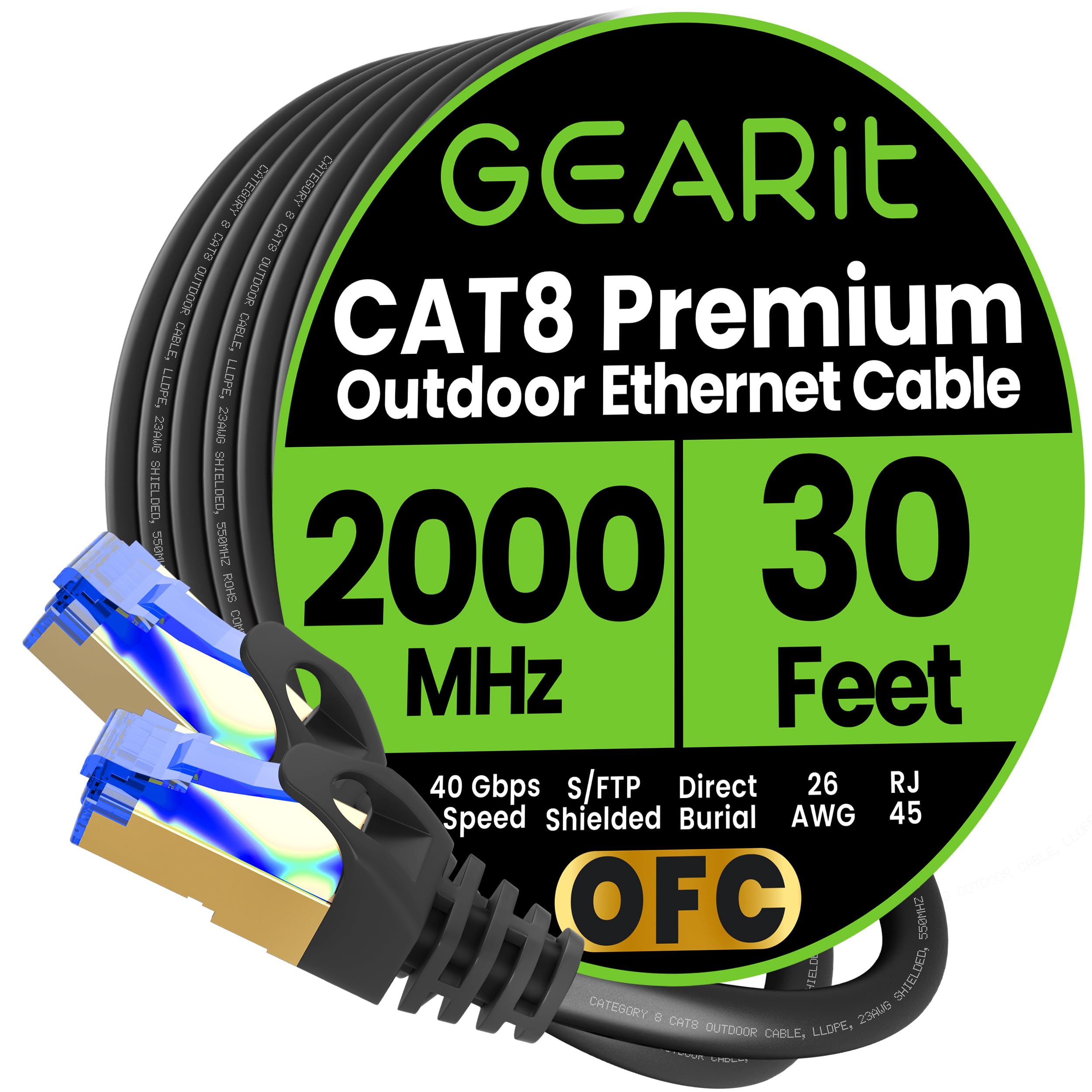 GEARit Cat8 Outdoor Ethernet Cable (30 Feet) Waterproof, Direct Burial, In-Ground, LLDPE UV Jacket, Pure Copper, 26AWG, 40Gbps 2000Mhz SFTP Patch Cord, POE, Network, Internet, Cat 8 Cable - 30ft