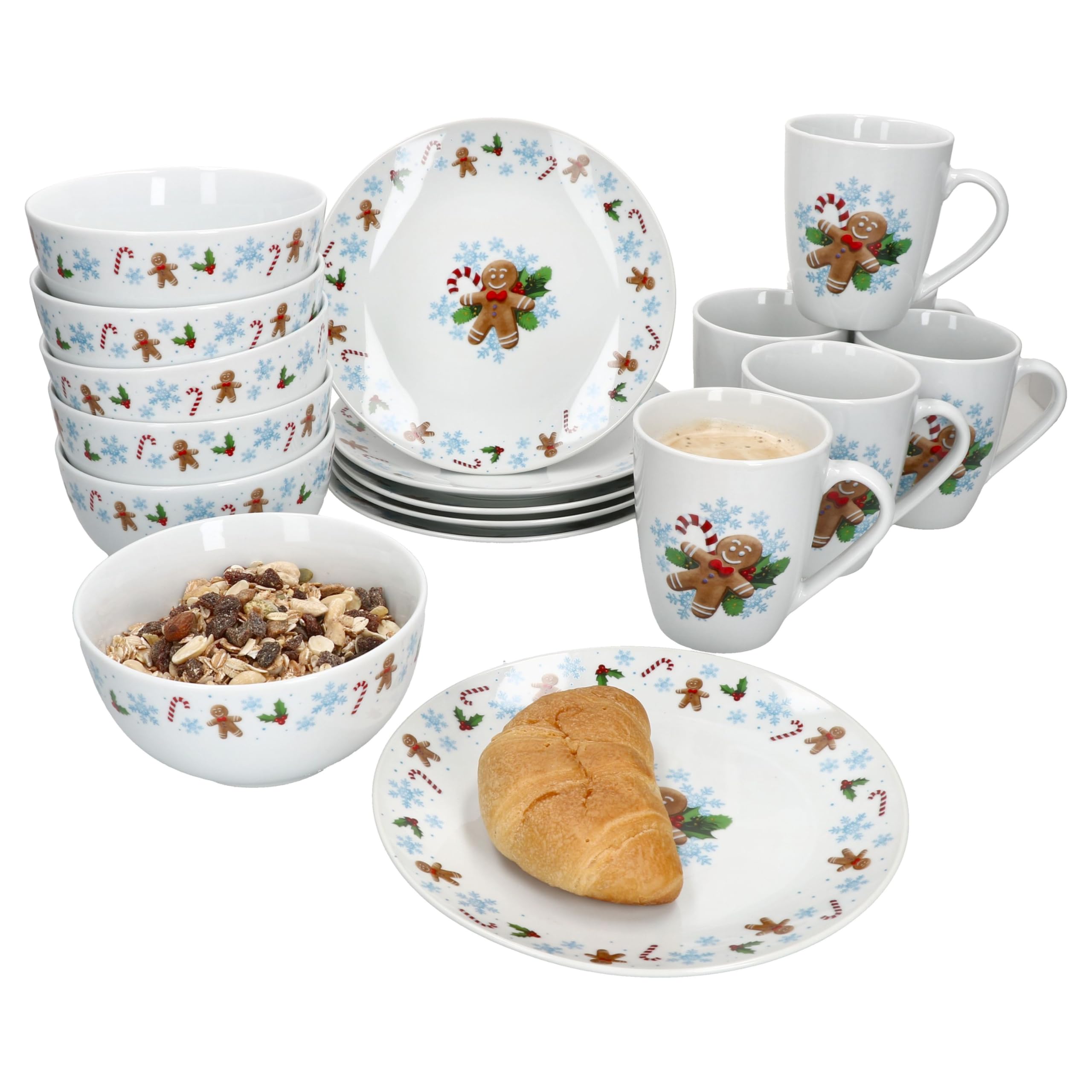 MamboCat Candyman 18-tlg. Frühstücksset | Je 6x kleine Frühstücksteller, Becher & Müslischalen für 6 Personen mit eisblauem Weihnachtsdekor für Weihnachten, Advent & Nikolaus