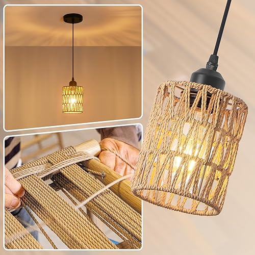 Miniatura 6 de Paquete de 3 lámparas colgantes de ratán para isla de cocina, lámparas bohemias de granja de altura ajustable para comedor, lámparas de techo de