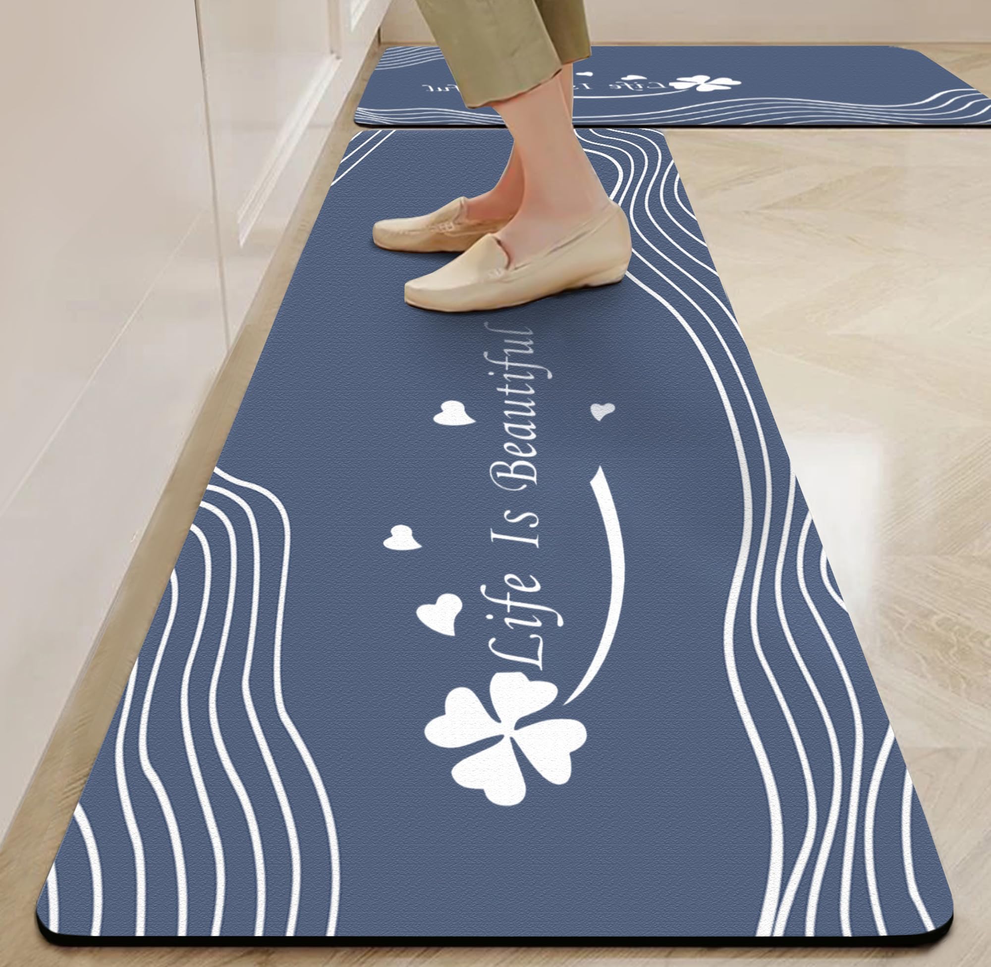 Yellow Weaves– Non-Slip Kitchen Floor Mats, Water Absorbent, Rugs,Standing Rubber Mats for Kitchen, Office, Sink and Laundry Room, Life is Beautiful (Pack of 2)