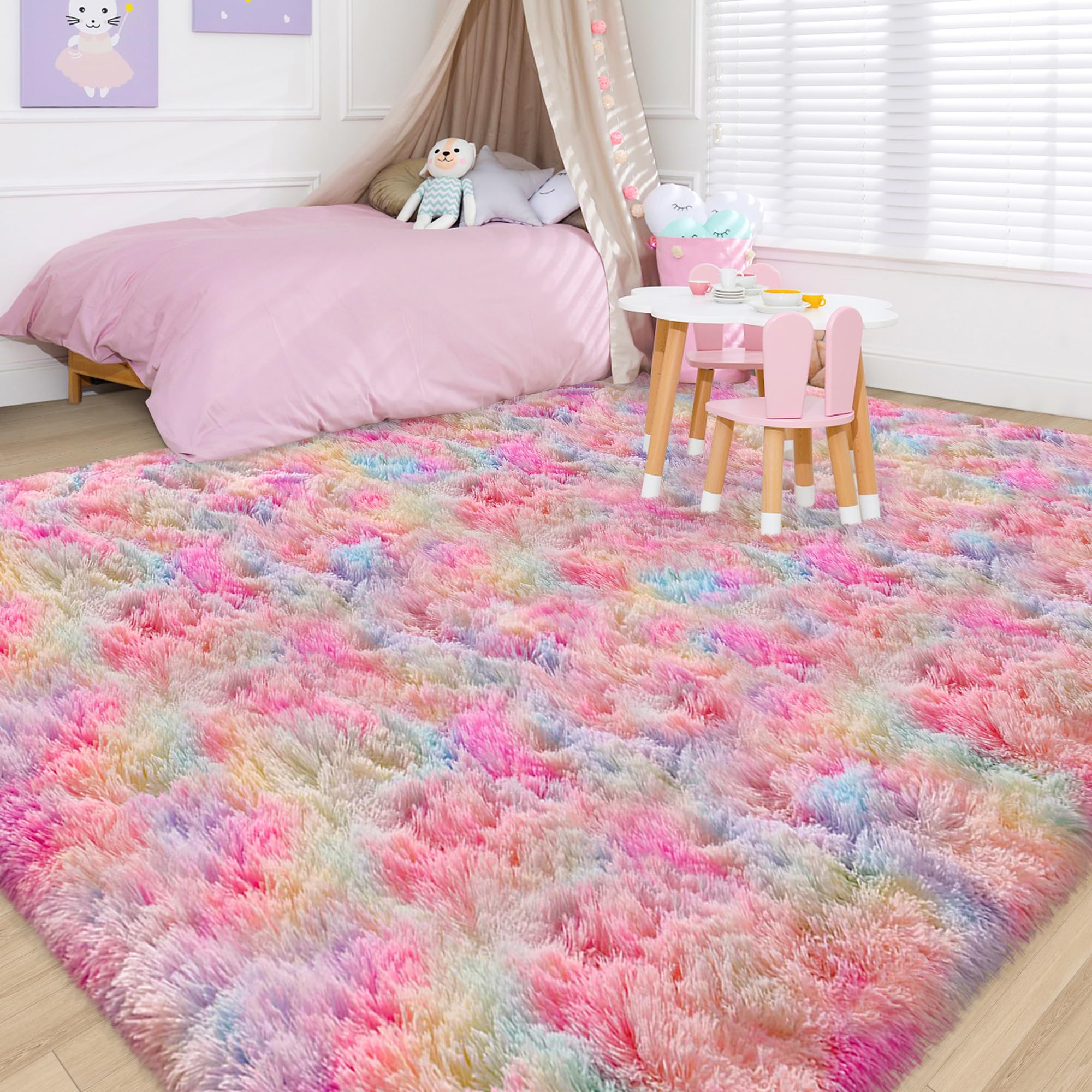 TENNOLA Soft Fluffy Area Rug 8x10 Plush Rainbow Rugs for Girls Bedroom Shaggy Carpet Kawaii Unicorn Rug for Living Room Fuzzy Nursery Rug for Baby's