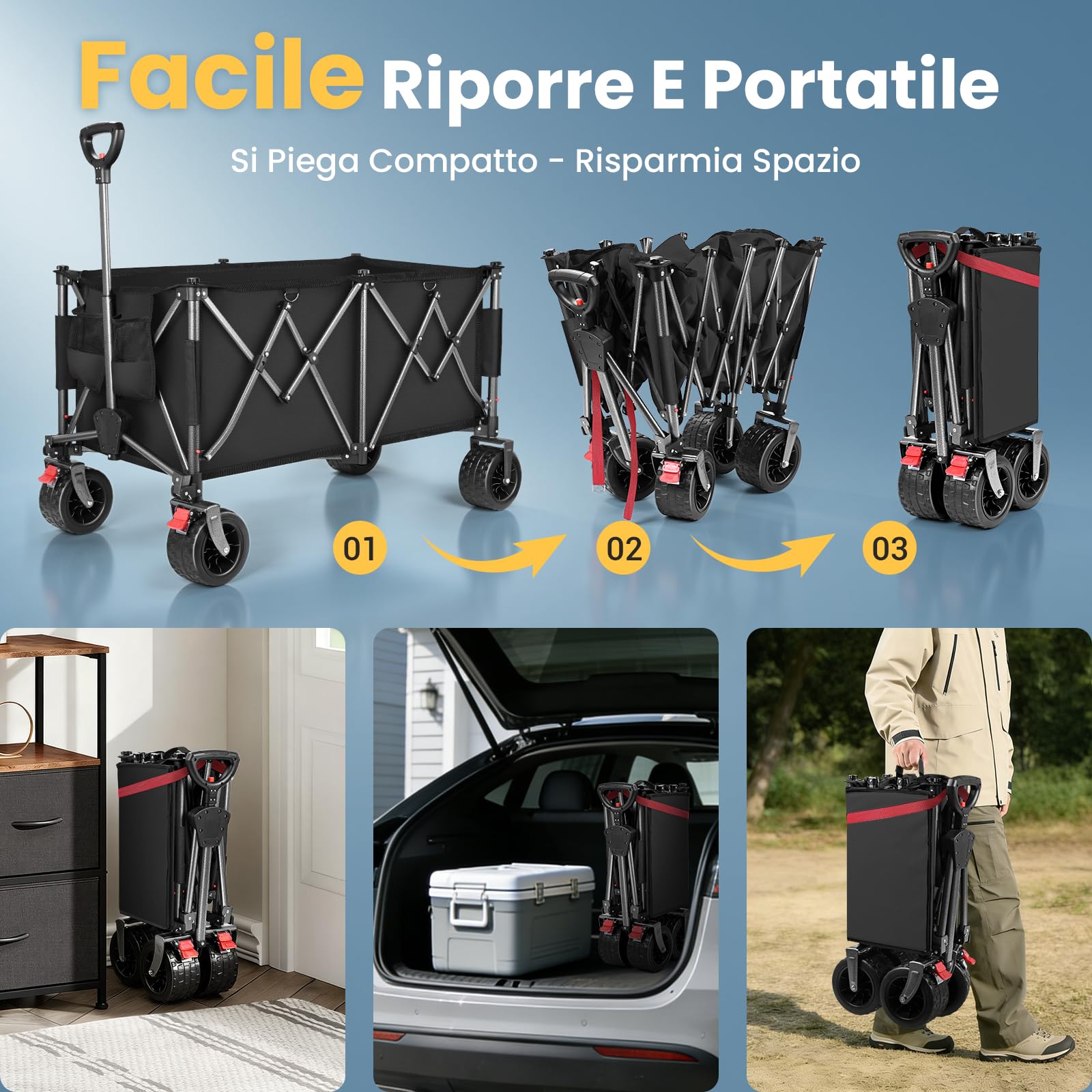 YEAUPE PRO Carrello Spiaggia Pieghevole XXXL – Doppi freni, doppia forcella rinforzata, ruote grandi, manico regolabile, rete elastica inclusa, carrello con ruote portatutto – 250kg/260L, Nero