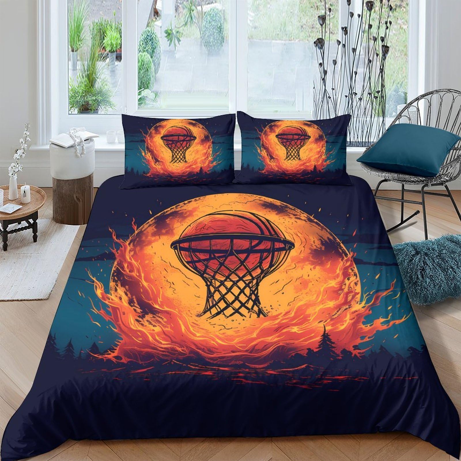 Ctjqhvkz Style-10 3D Printed Flaming Basketball Fitted Sheet Microfiber Bedroom Decor Fire Hoop Mattress Cover For Home Dorm Single（135X200cm）