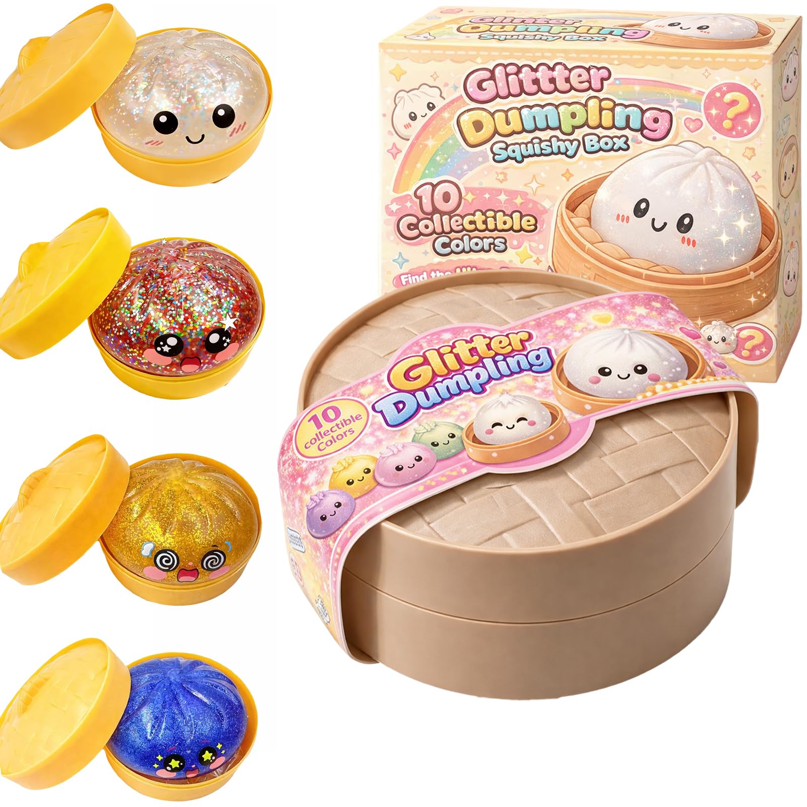 Dumplings Squishy, Glitter Dumpling Squishy, Squishiest Dumplings with Steamer Box, Random Color, Non-Edible, Find the Ultra-Rare White Glitter Variant (Random-Set A, 1Pc) — image 1