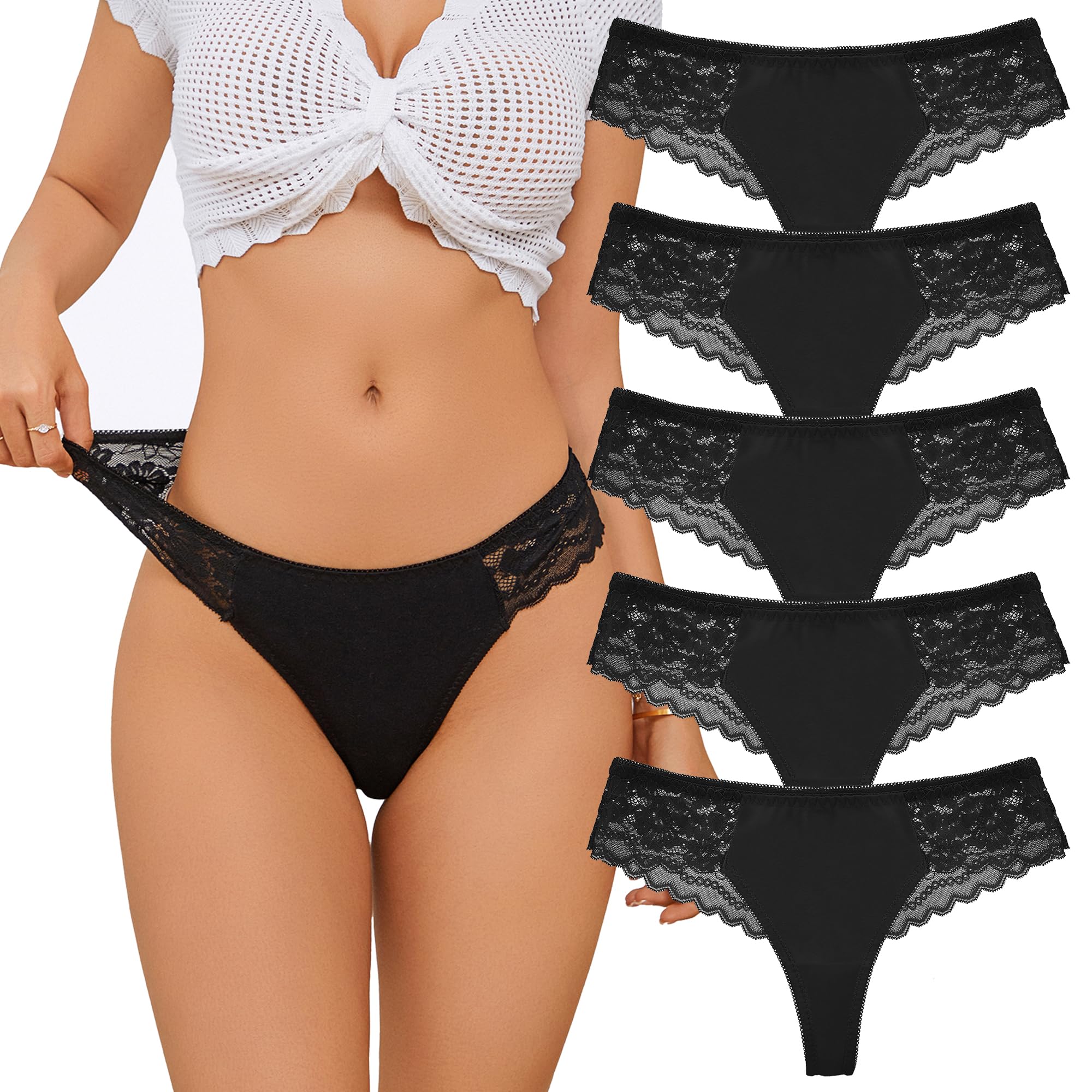 SELECT YOU Womens Seamless Lace Cotton No Show Thong Underwear for Women Breathable Low Rise Bikini Briefs 5