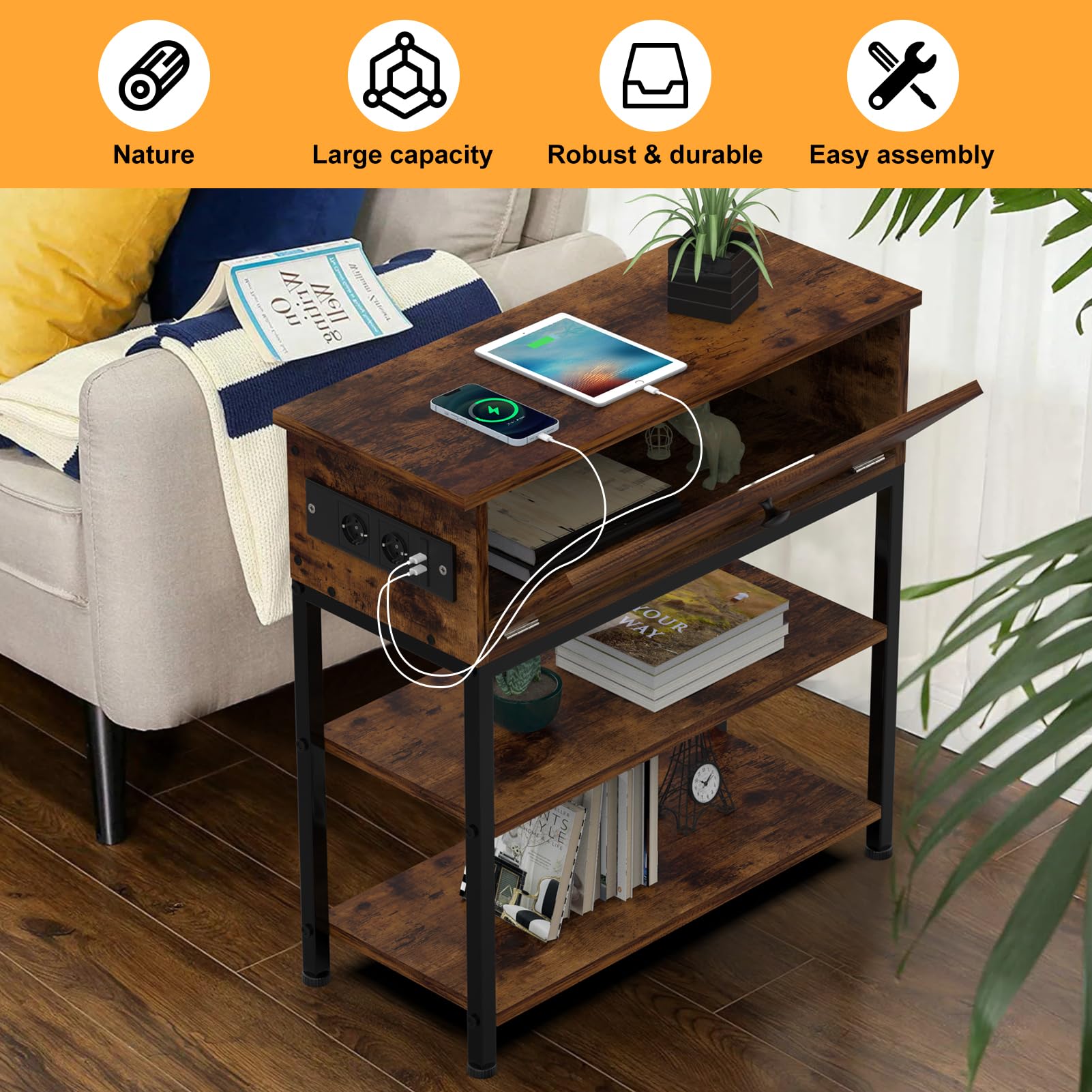 Mesita de Noche con Estación de Carga,Mesitas de Noche Dormitorio Moderna con Enchufe y Puertos USB, Mesilla de Noche para Salón,55 x 26 x 63 cm,Mesa de Noche Marrón Vinta