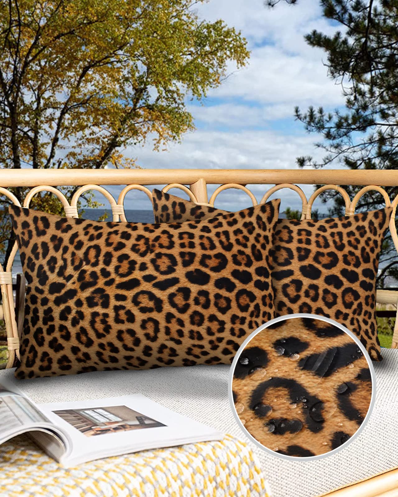 Edwiinsa Outdoor Pillow Covers Waterproof, Leopard Texture Animal Fur All Weather Cushion Case Set of 2, Cheetah Lumbar Pillowcase for Sofa Couch Bed Decor Patio Furniture 20