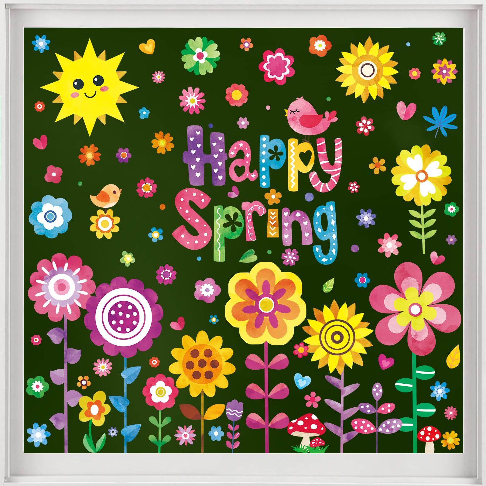 JOICEE 8 Sheets Spring Flowers Window Clings, Happy Spring Flower Bird Stickers Colorful Flower Clings Decals Window Decorations for Home Classroom Shop Glass Windows Decor