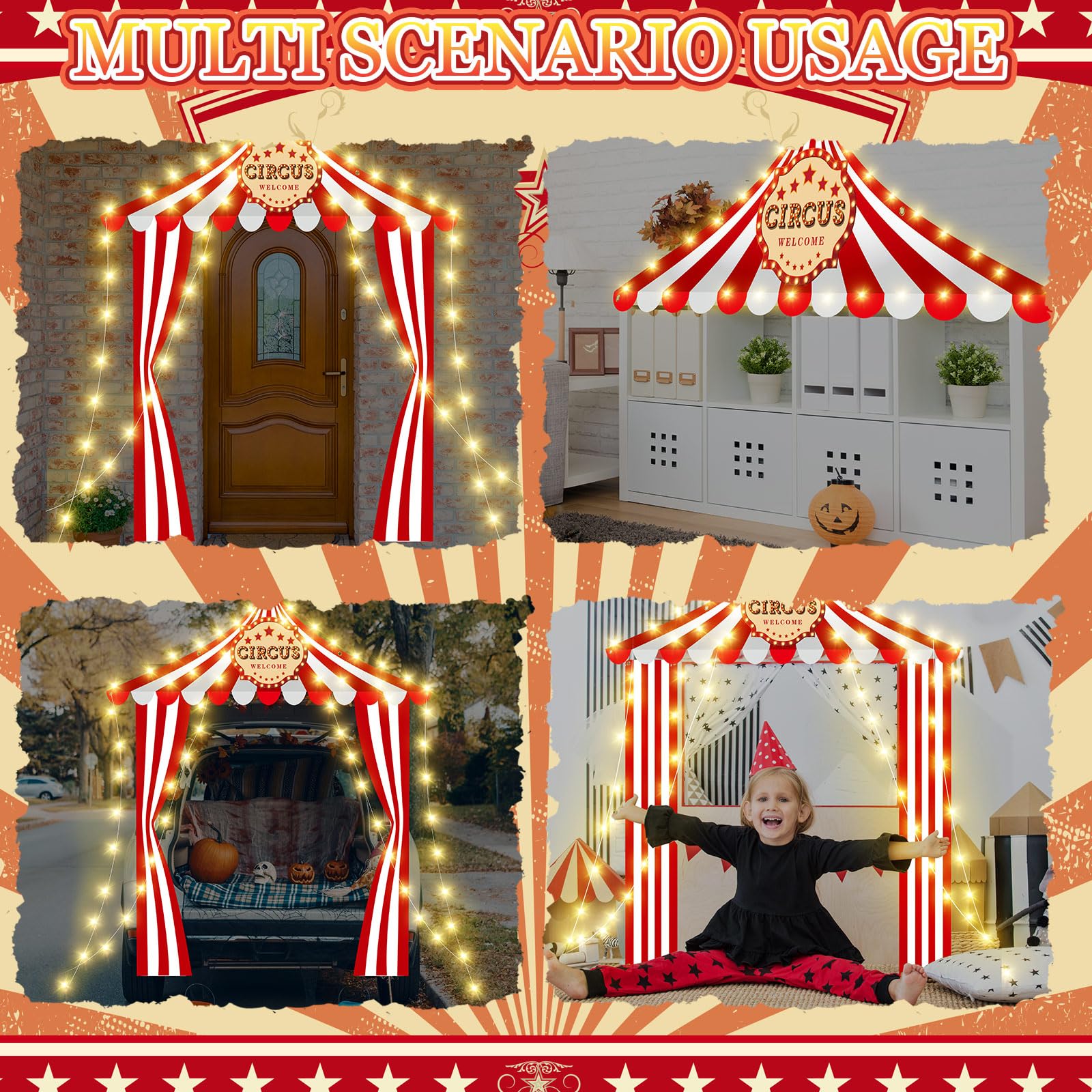 Preboun 7 piezas de decoración de tienda de circo, decoraciones de fiesta de carnaval, decoraciones de circo con cadena de luz, decoraciones de carnaval, pancarta de rayas rojas y blancas para fiestas