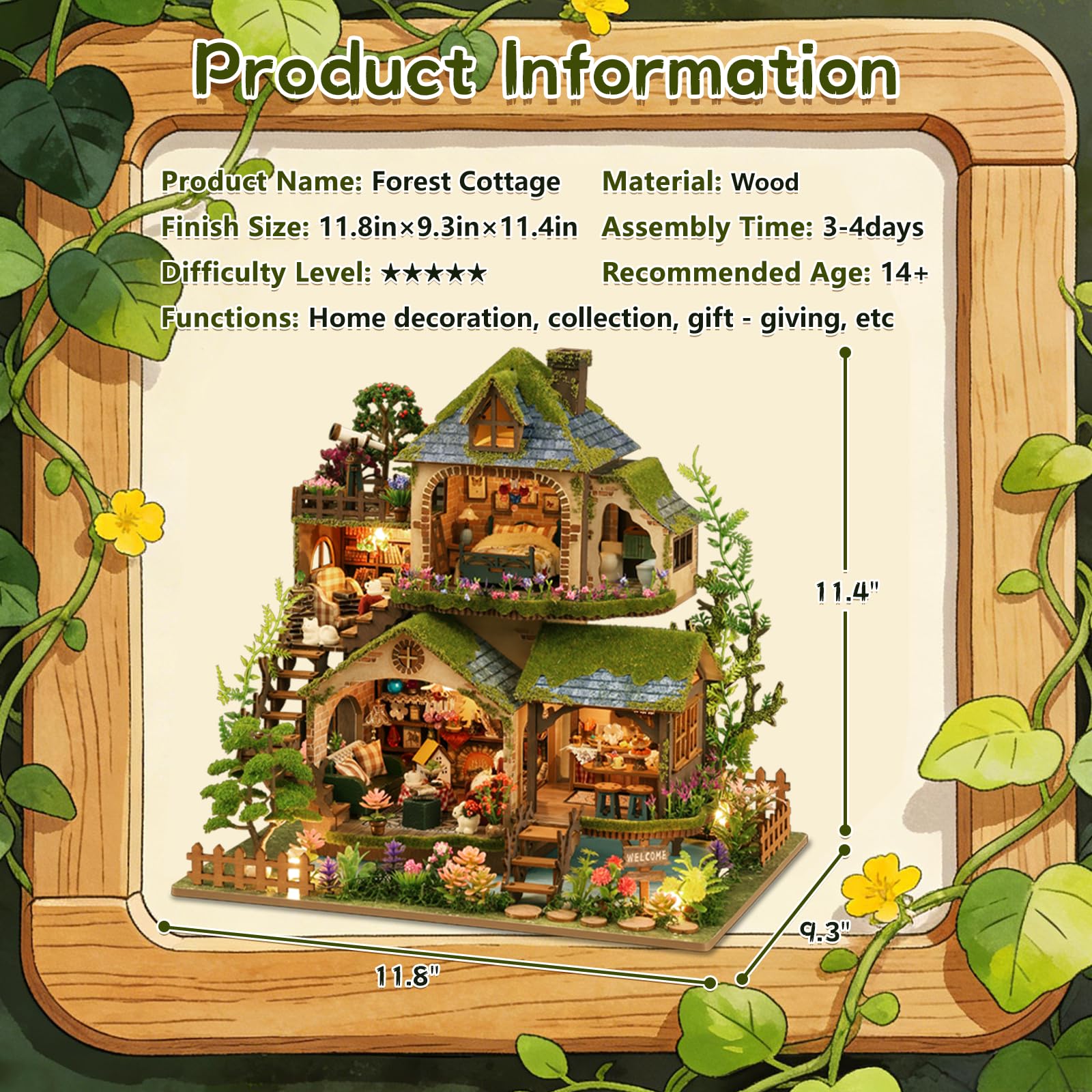Kit fai da te in miniatura, kit per casa delle bambole vittoriana, puzzle 3D in legno per libreria, kit per la costruzione di mini case delle bambole per adulti e adolescenti (Cottage nella foresta)